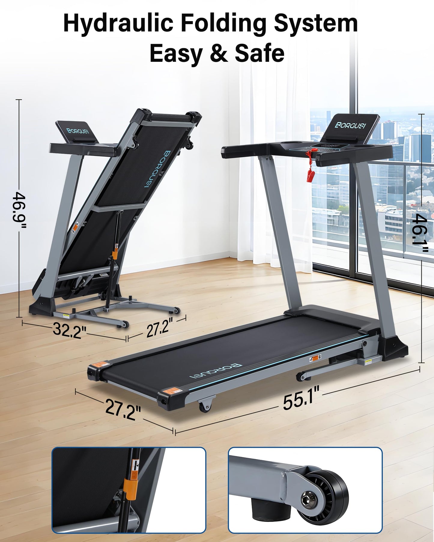 BORGUSI Auto Incline Treadmill for Home - 47.3"x17.5" Long Wide Belt, 3.5 HP, Bluetooth App, 10 MPH, 300 lbs Capacity, 40 Preset Programs