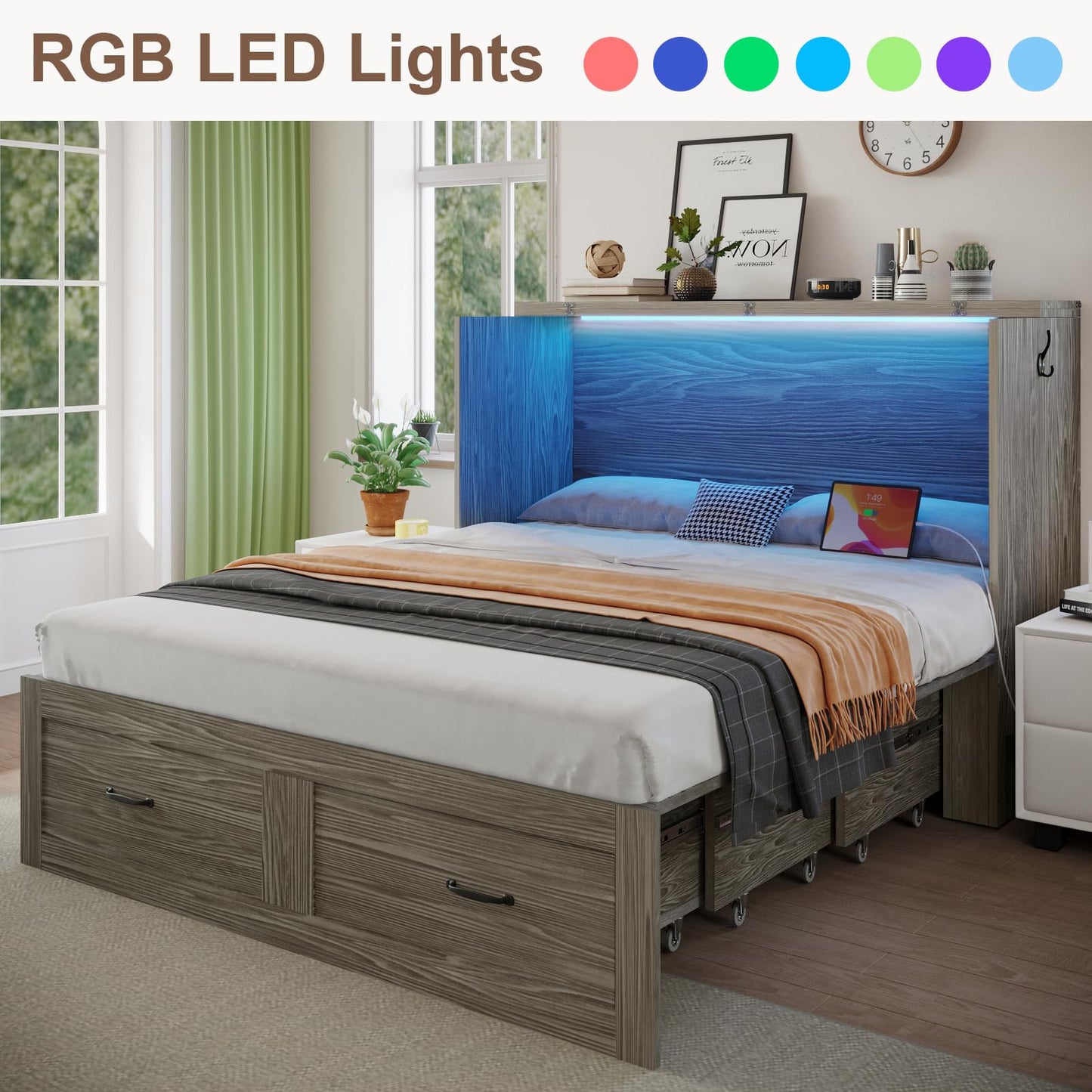 KCGKCG Queen Murphy Bed with Storage & Charging Station, Murphy Cabinet Bed with Large Storage Drawer for Guest Bedroom, Living Room, Office or Small Room, Full Foldable Platform Bed (Grey, Queen)