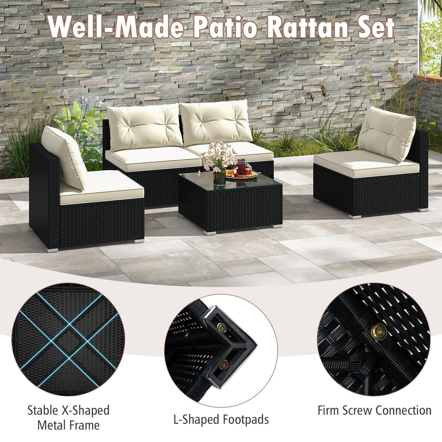 Tangkula 5 Piece Rattan Sofa Set, Patiojoy Outdoor Wicker Furniture Set with Seat & Back Cushions, Square Coffee Table, Patio Sectional Sofa Set for Backyard, Poolside, Garden