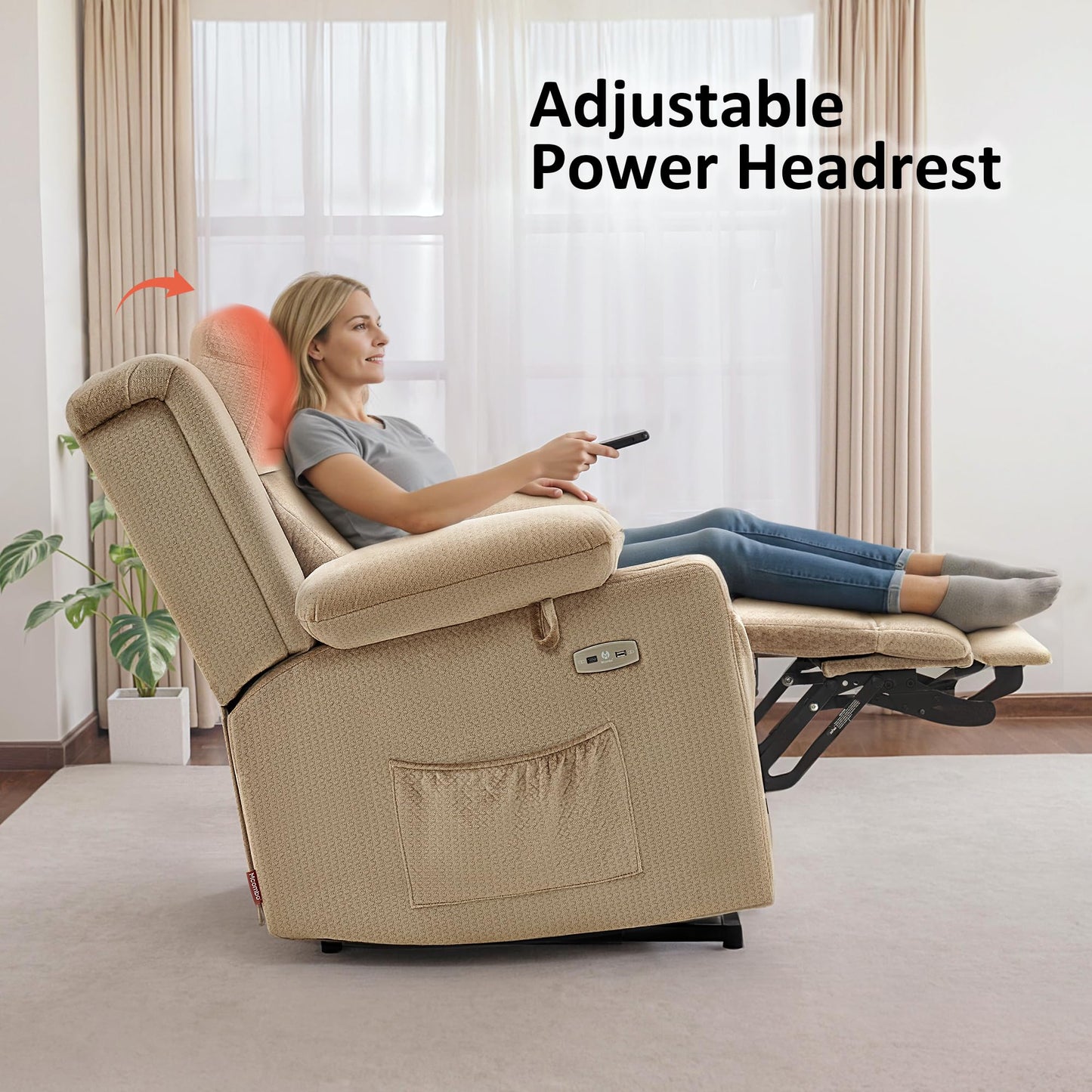 MCombo Medium Triple Motor Power Lift Recliner Chair with Massage and Heat for Elderly People, Adjustable Headrest, Infinite Position, USB Ports, Fabric 7661 (Beige, Medium)