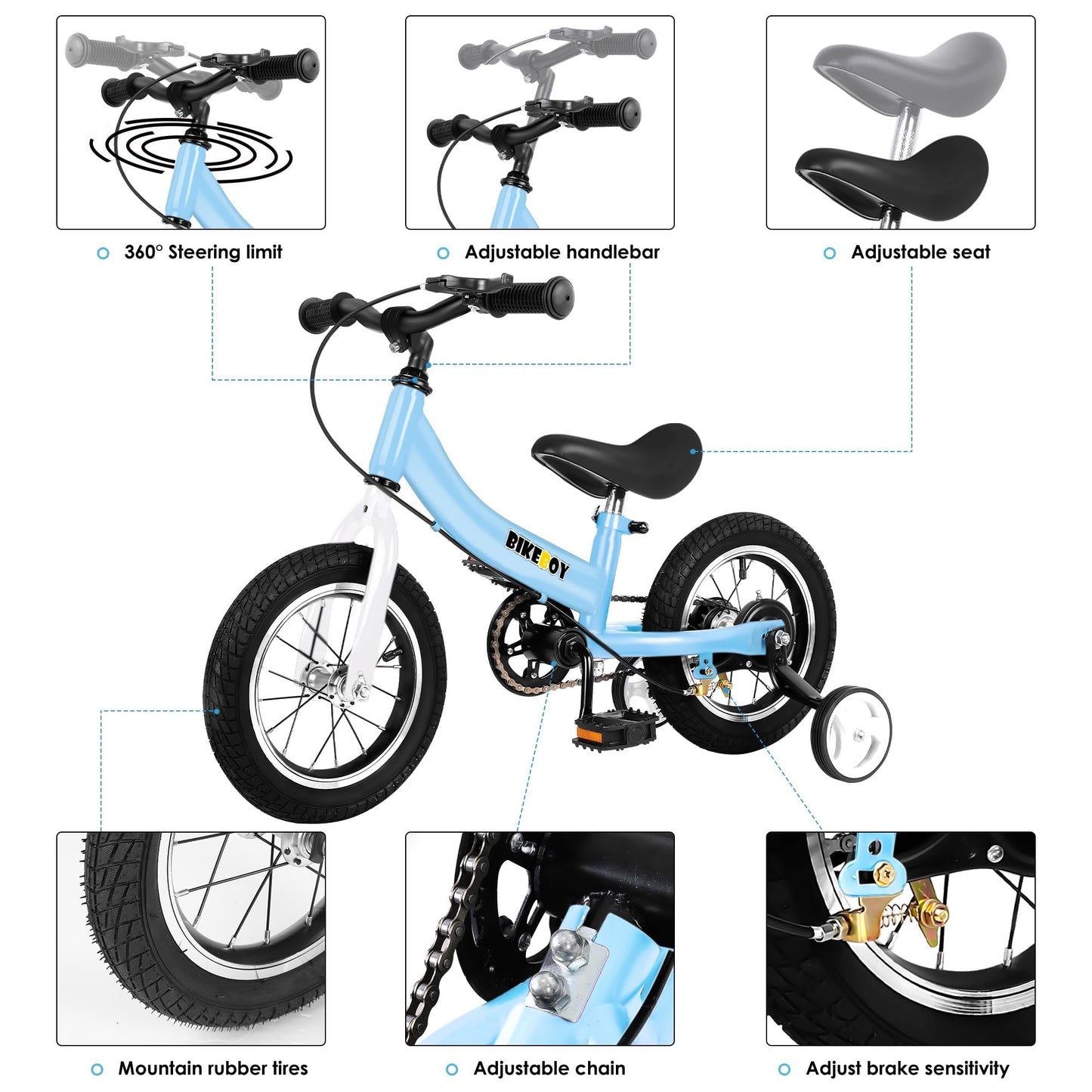 bikeboy Balance Bike 3 in 1,The Dual Use of a Kids Balance Bike and Toddler Bike, for 2 3 4 5 6 7 Years Old -12 14 16 Inches with Training Theory, Brake, Pedal