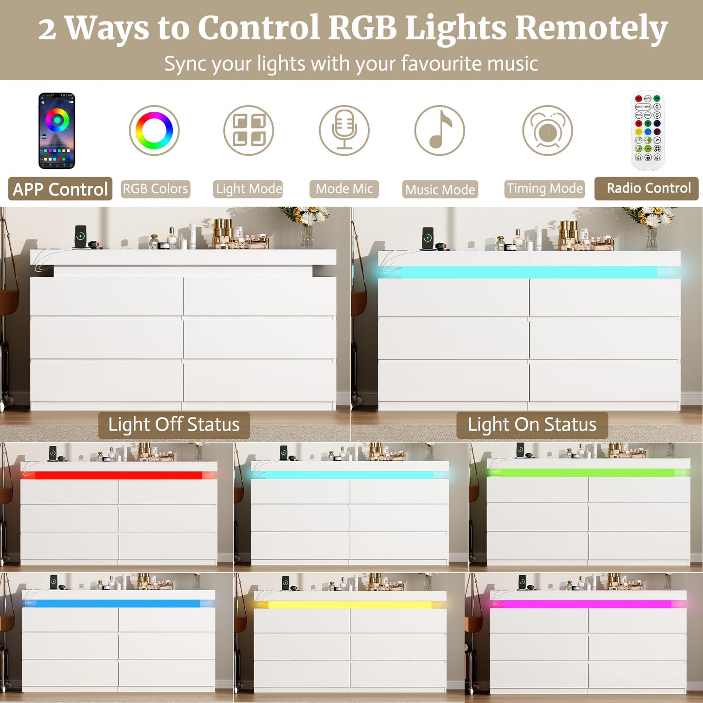 6 Drawer Dresser for Bedroom, White Dresser with LED Lights, Sliding Desktop and Power Outlet, Modern Wood Chest of Drawers for Closet, Organizer Cabinet for Bedroom, Living Room, Entryway, Hallway