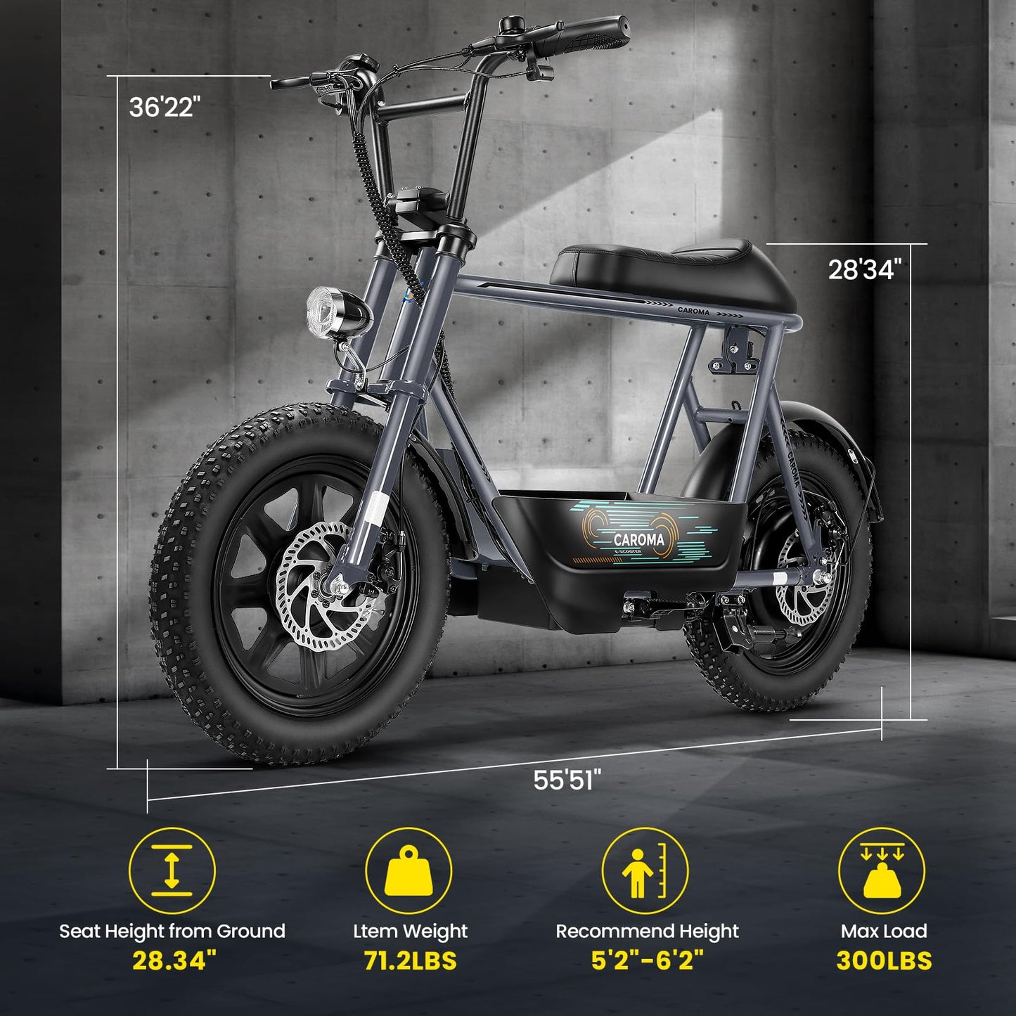 Caroma Peak 560W Electric Scooters with Seat, 16" Fat Tire for All-Terrain, 15Miles Max Range, 20mph Top Speed, Motorcycle Style with Carry Basket,Commuter Ebike for Adults&Teens, Gray