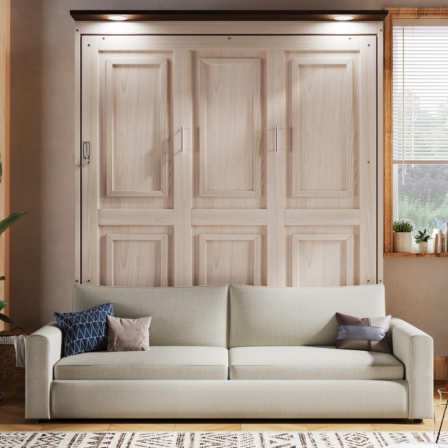 Queen Murphy Bed with Couch and LED Lighting,Solid Wood Folding Murphy Wall Bed Cabinet with Sofa