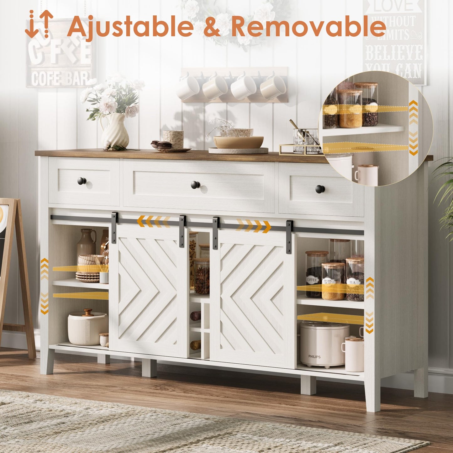 CABIHOME Farmhouse 47.2'' Buffet Cabinet with Sliding Barn Door, 33.4'' Tall Wood Rustic Sideboard with 3 Drawer, Adjustable Shelf and Removable Wine Rack (White, 59'')