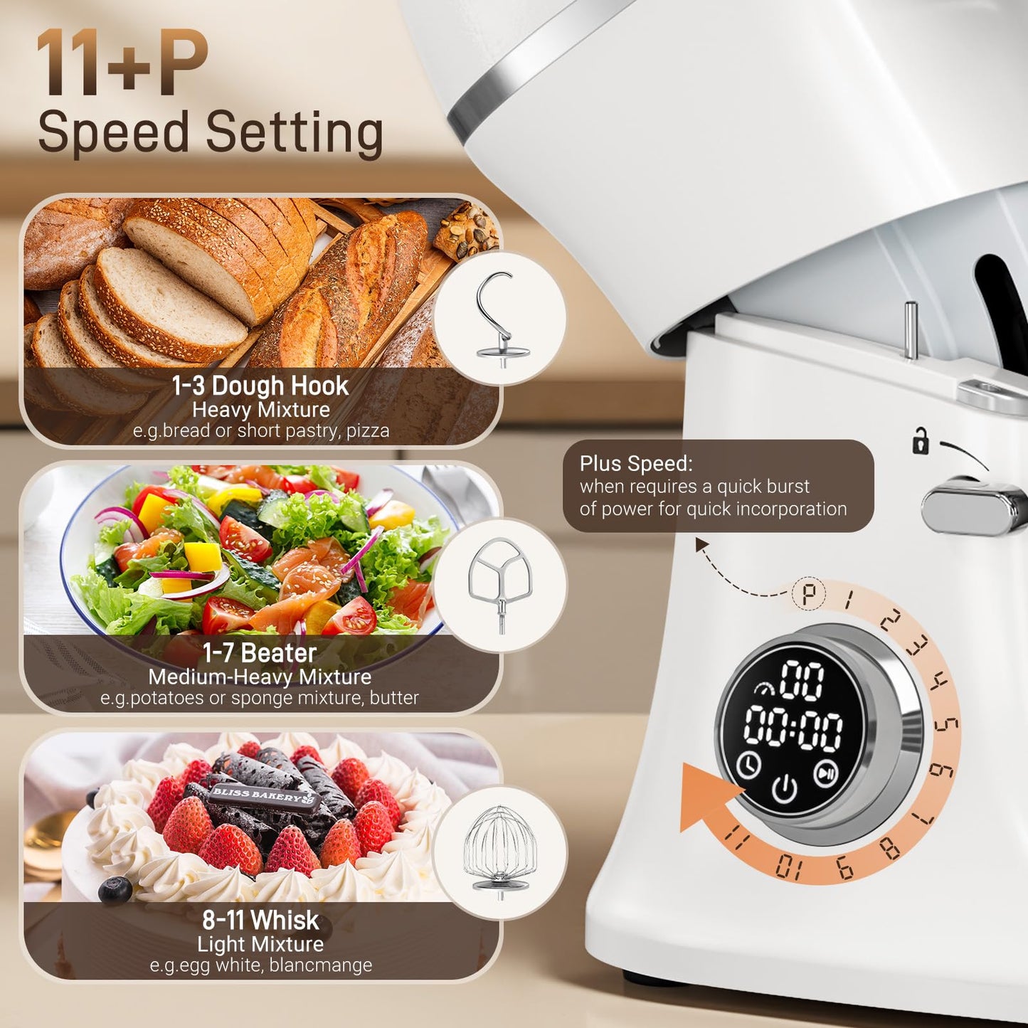 ZACME 7 Quart Stand Mixer Aluminum Die Casting, 650W 12 Speed Tilt-Head Kitchen Electric Stand Mixer, Household Food Mixer with Stainless Steel Bowl, Dough Hook, Whisk and Beater-Porcelain