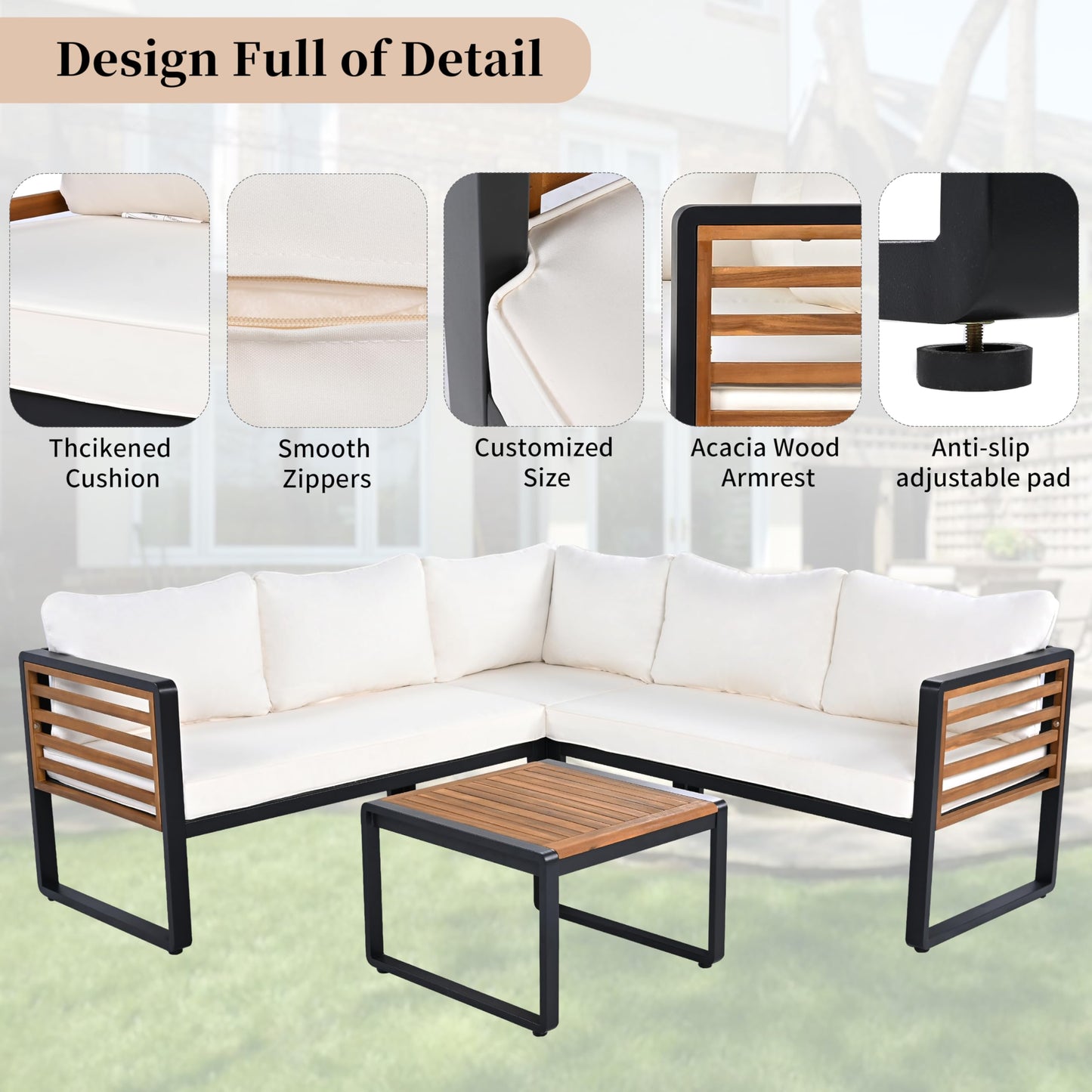 4 Pieces Outdoor Patio Conservation Set, Metal and Wood Frame Sectional L-Shaped Sofa with Soft Cushion and a Coffee Tables for Garden, Backyard, Porch and Deck, Beige