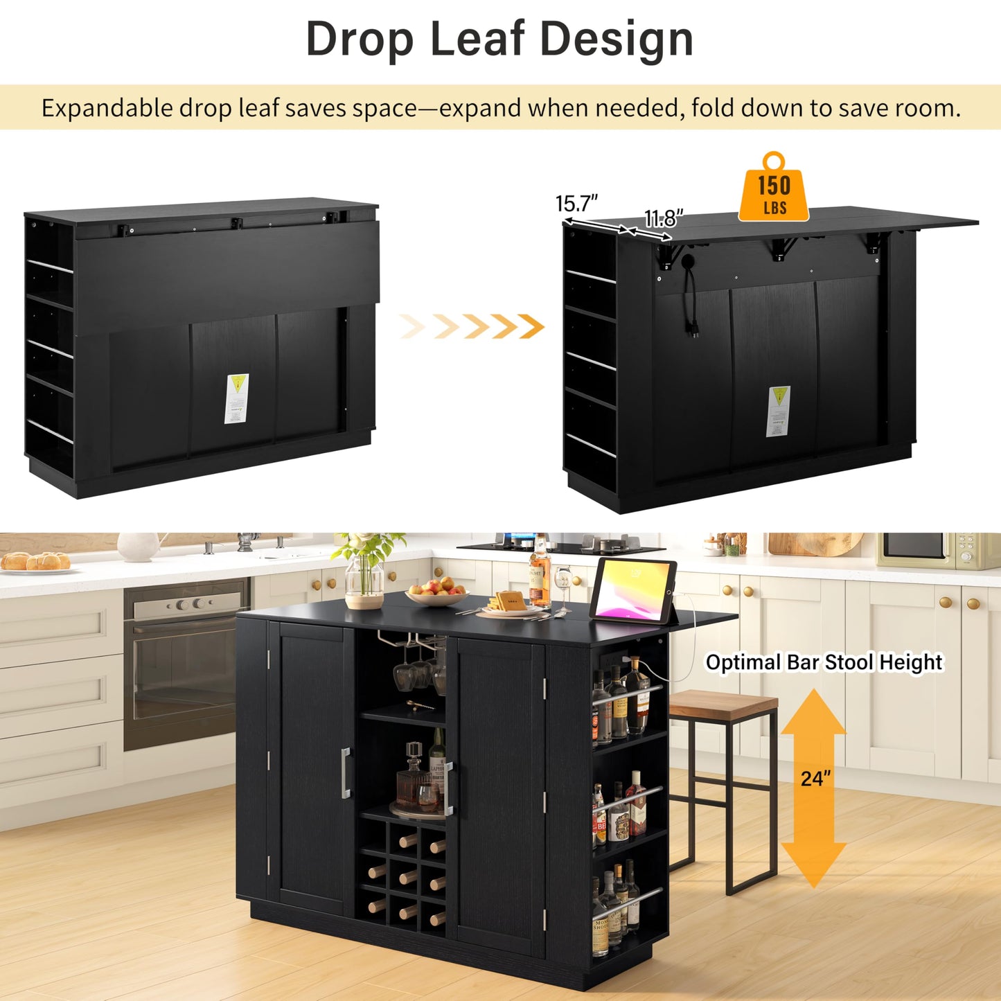Merax Kitchen Island with Extendable Dining Table & Power Outlet, Wood Wine Bar Cabinet with Bottle Rack & Glass Holder, Coffee Bar, 2-Door Buffet Sideboard with Side Shelves, Black