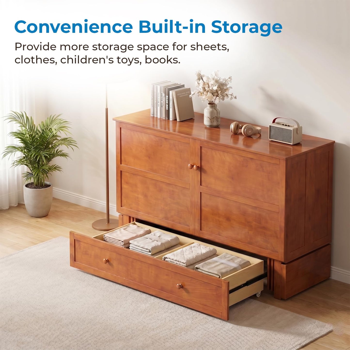 Mjkone Queen Murphy Bed Cabinet with Mattress Included, Cabinet Murphy Chest Bed with Drawer and USB Charging, Bedside Panel, Convertible Hidden Guest Wall Beds for Bedroom, Apartment - Cherry