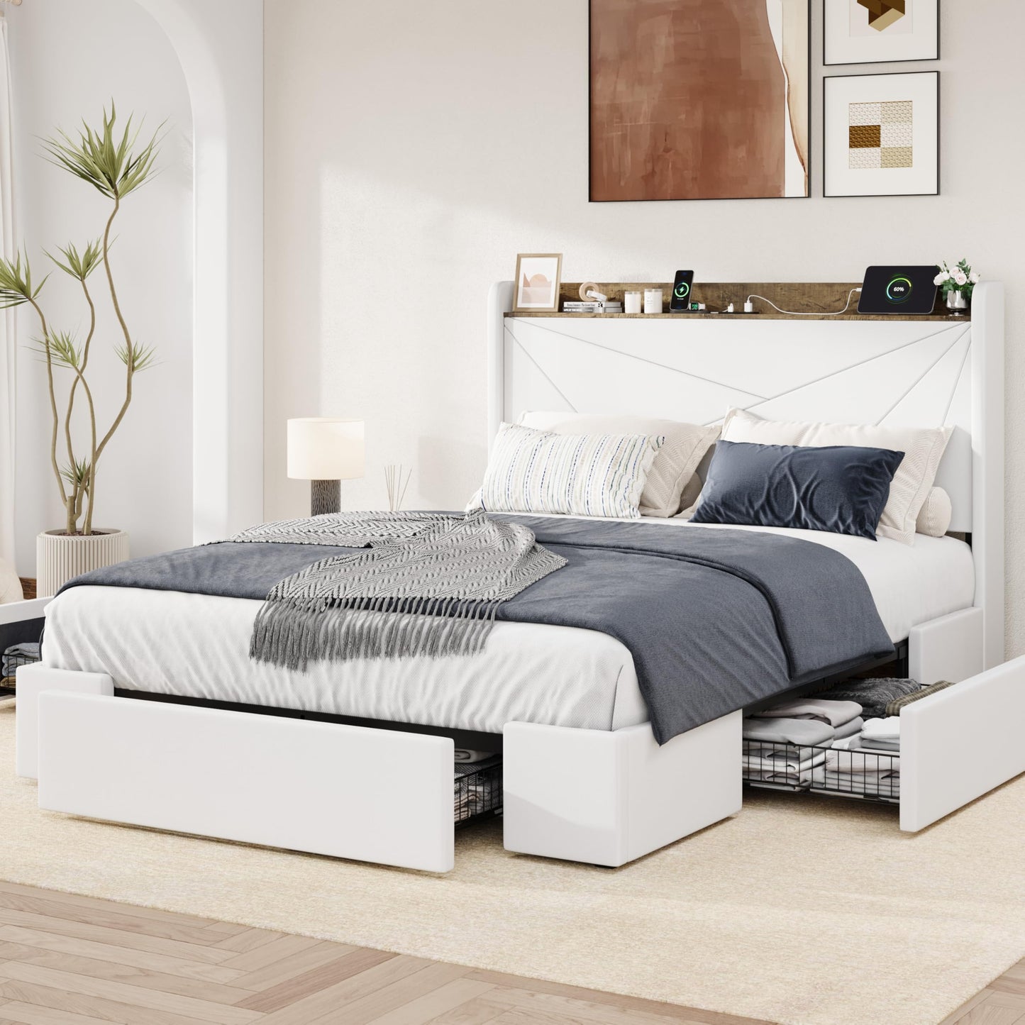 Allewie Full Size Velvet Bed Frame with 3 Storage Drawers, Upholstered Platform Bed with Wingback Storage Headboard and USB Ports, No Box Spring Needed, Easy Assembly, White