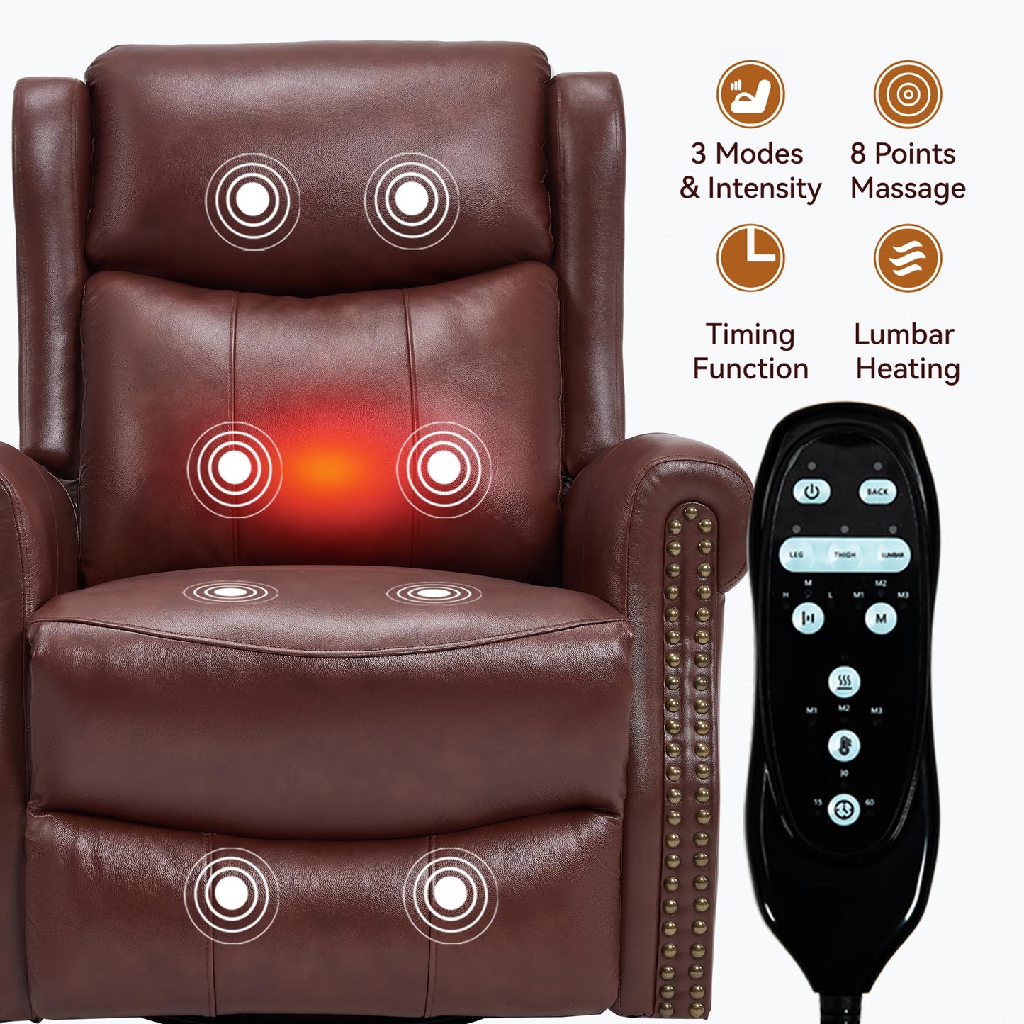 GDFStudio Heat Massage Manual Recliner Chair with Rocking and 360° Swivel Base, Genuine Leather Recliner Chair with Lumbar Heat, 8-Point Vibration Massage, 155° Reclining Living Room Chair, Wine Red