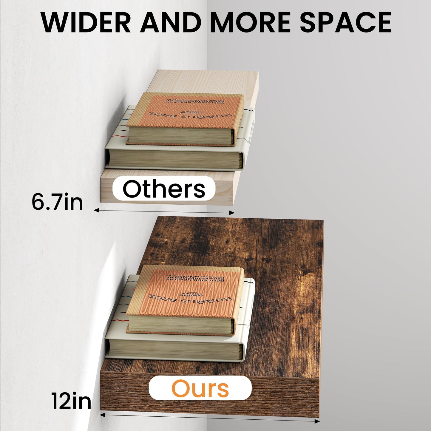 Fun Memories 72 Inch Floating Shelves, 12 Inch Deep Wall Shelf for Fireplace Mantel, Deep Storage Shelves for Home & Office, Long Floating Shelf with Invisible Bracket, Rustic Brown, Set of 2