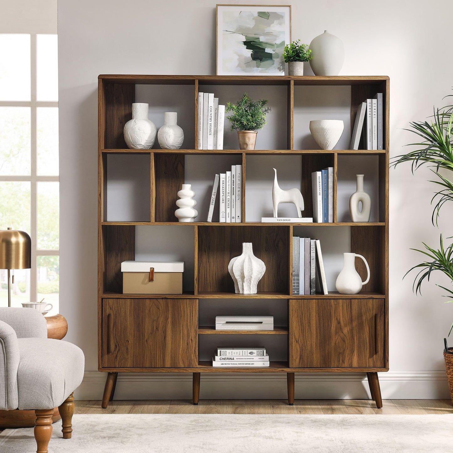 Modway Transmit 14 Shelf Bookcase with Sliding Doors in Walnut - 59 Inch Wood Mid-Century Modern Bookshelf - 4 Tier Wide Open Display Storage Cabinet for Living Room, Office, Hallway