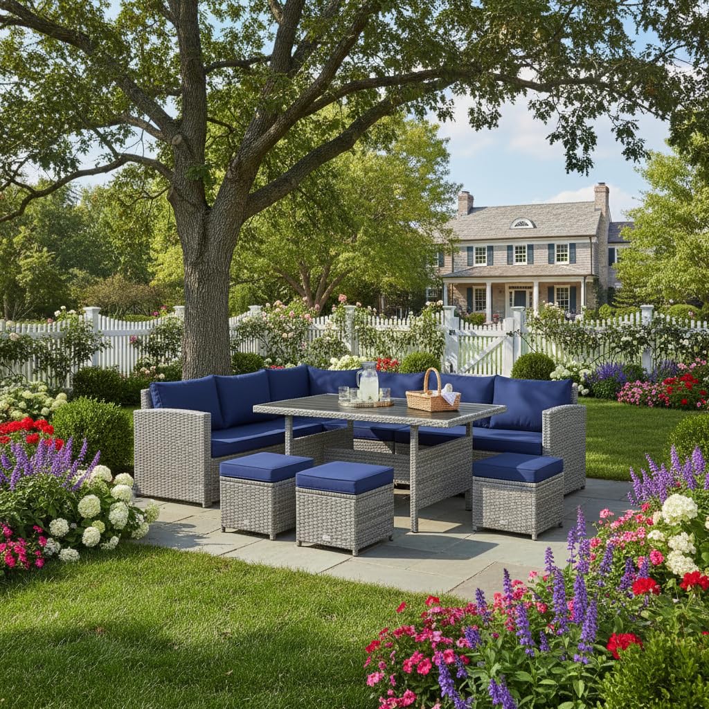 Tangkula 7 Pieces Patio Furniture Set, Outdoor Sectional Rattan Dining Sofa Set with Cushions, All Weather Wicker Conversation Couch Set with Dining Table & Ottomans for Yard Garden Poolside, Navy