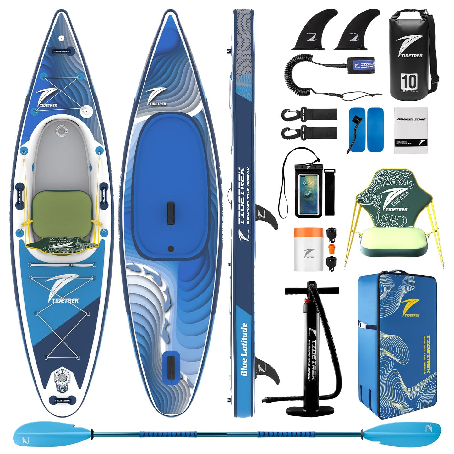 TIDETREK Inflatable Touring Kayak with Waterproof Seat & Premium Accessories, 11'3" x 35" x 8" Ultra-Stable SUP Kayak Hybrid, Non-Slip Comfort Deck for Adults & Youth (Deep Blue Current)