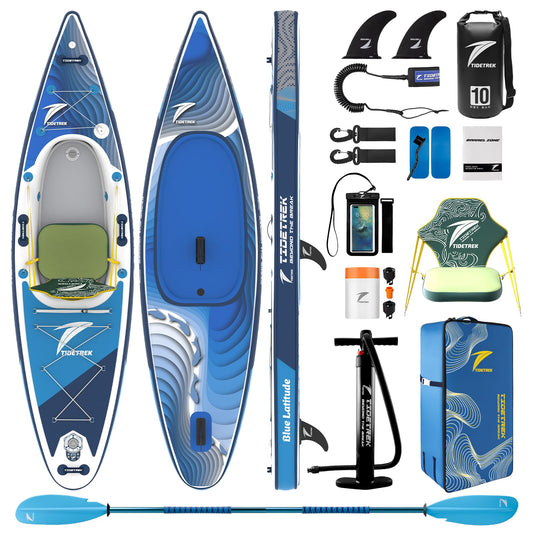 TIDETREK Inflatable Touring Kayak with Waterproof Seat & Premium Accessories, 11'3" x 35" x 8" Ultra-Stable SUP Kayak Hybrid, Non-Slip Comfort Deck for Adults & Youth (Deep Blue Current)