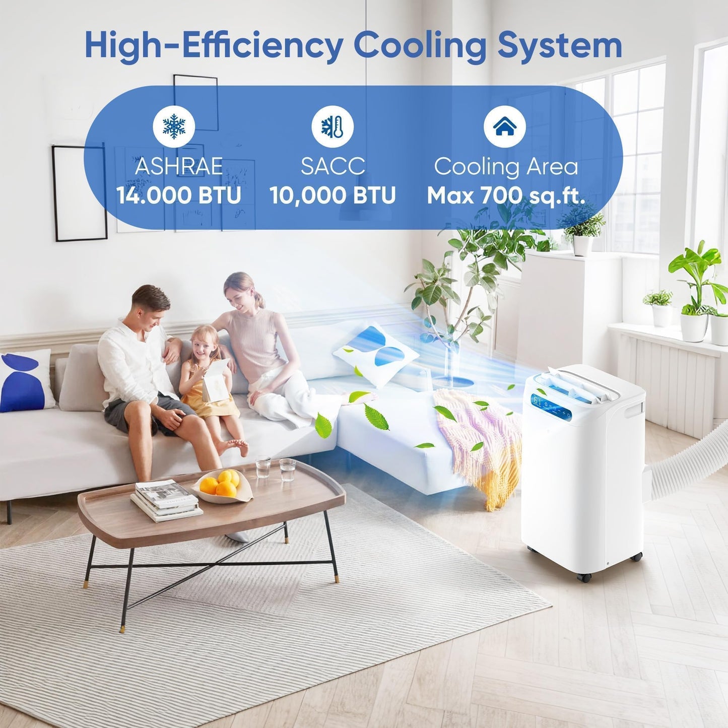 14000 BTU Portable Air Conditioners, Cools Up to 700 Sq.Ft, Portable AC Unit with Remote Control, Cooling, Fan, Dehumidification, Sleep Mode& Installation Kits for Large Rooms, White