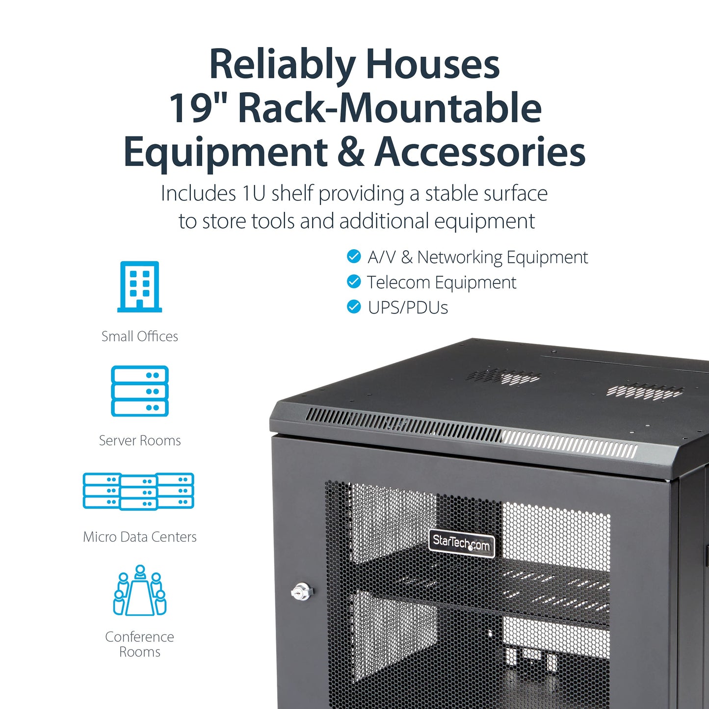 StarTech.com 4-Post 9U Wall Mount Network Cabinet w/ 1U Shelf, 19" Wall-Mounted Server Rack Kit for IT / Data Computer Equipment, Ships Fully Assembled