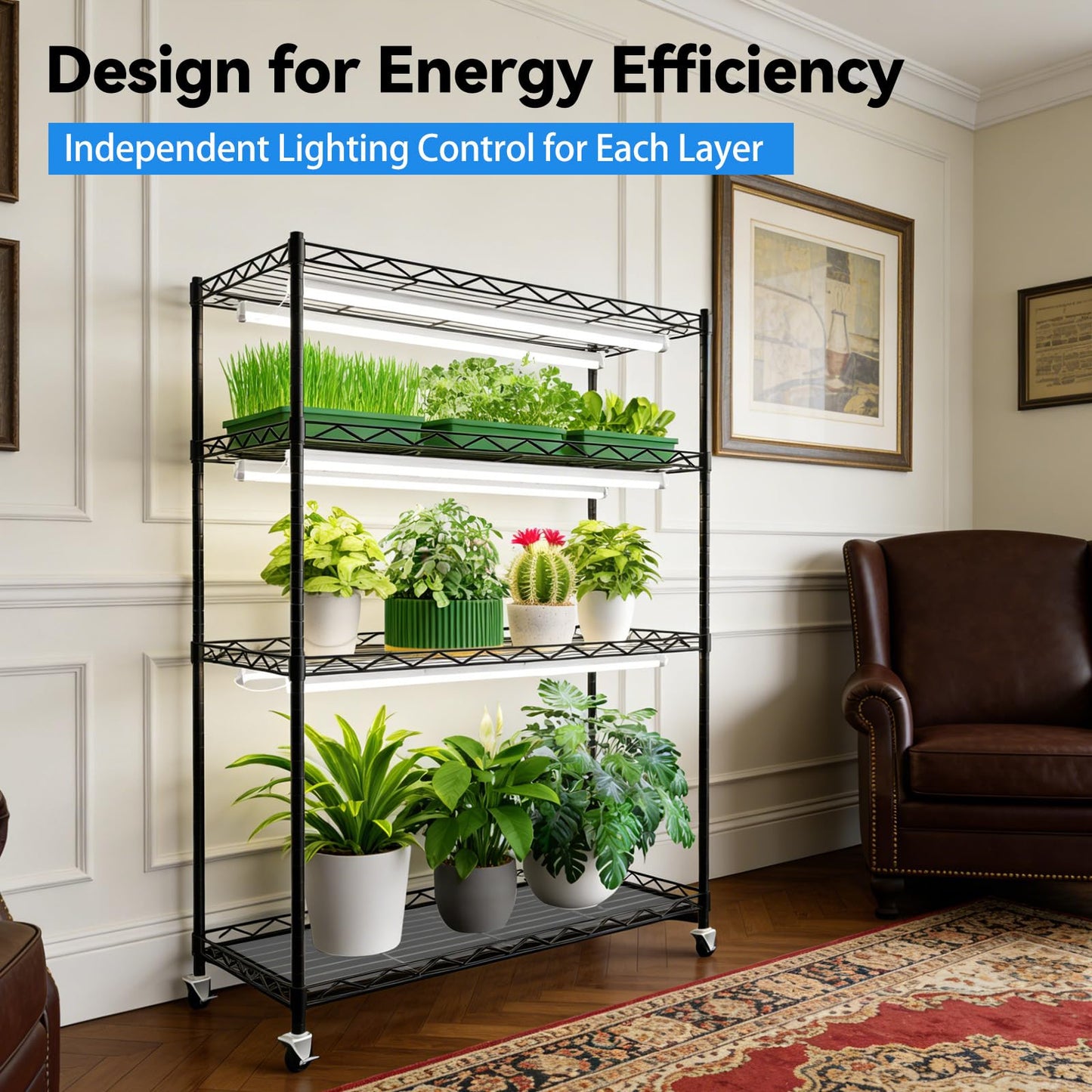 JESLED Indoor Greenhouse with Grow Light, 3FT Full Spectrum 5000K LED Light for Seed Starting, Tiered Lighting Control, Built-in Timer & Thermo-Hygrometer, Rolling Metal Plant Stand (35.4x13.8x59IN)