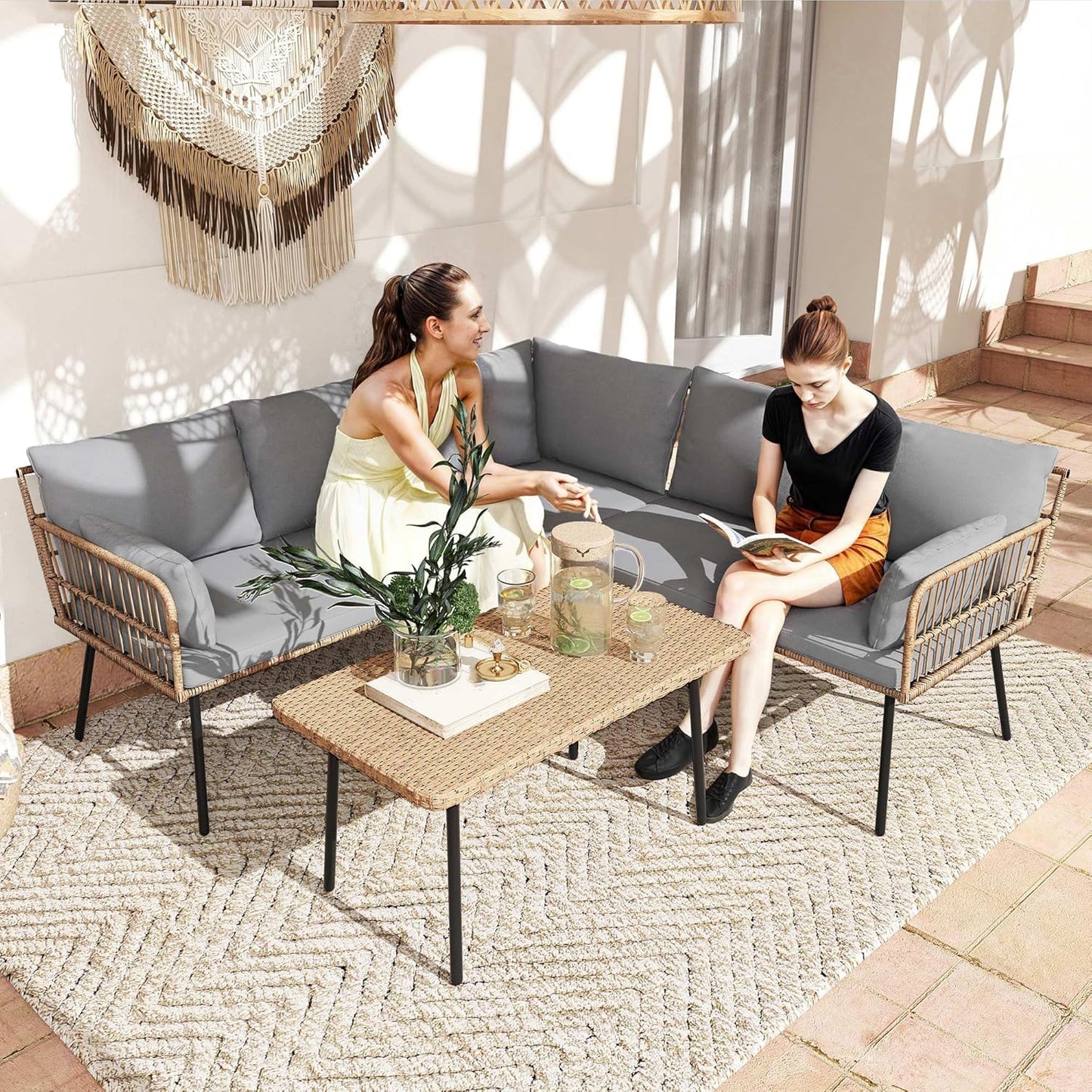 DWVO Patio Furniture Set, 4 Pieces Outdoor Patio Conversation Set, All-Weather PE Rattan Sectional L-Shaped Sofa with Soft Cushion and Side Table for Backyard, Porch, Boho Detachable Lounger (Gray)