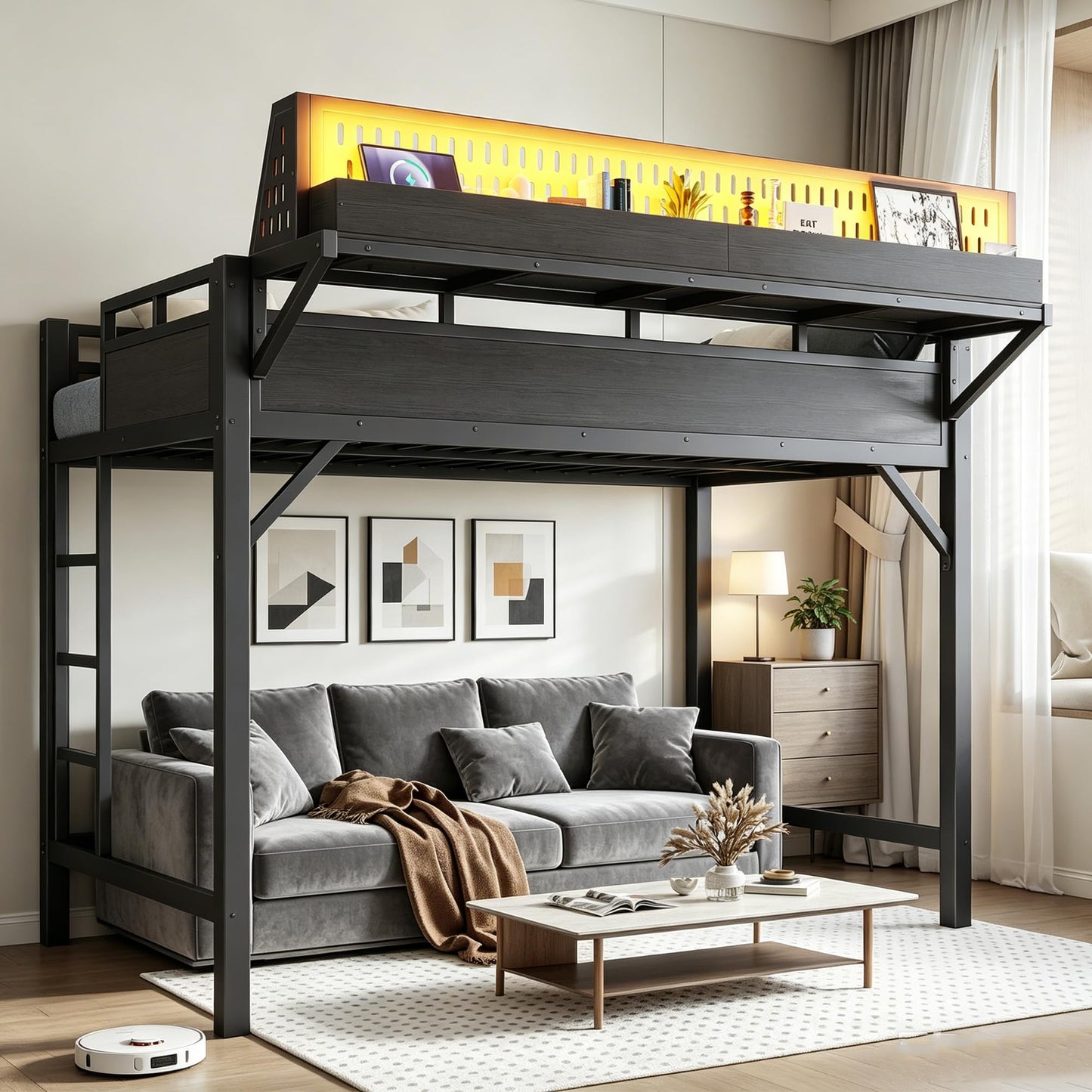Bellemave Twin XL Metal Loft Bed Frame with Storage Shelf & Pegboard,Heavy Duty Loft Bed with LED Lights and Charging Station for Kids Adults Teens,Black