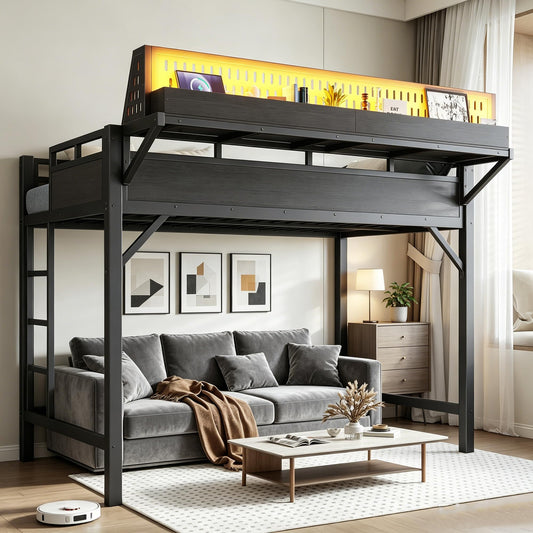 Bellemave Twin XL Metal Loft Bed Frame with Storage Shelf & Pegboard,Heavy Duty Loft Bed with LED Lights and Charging Station for Kids Adults Teens,Black