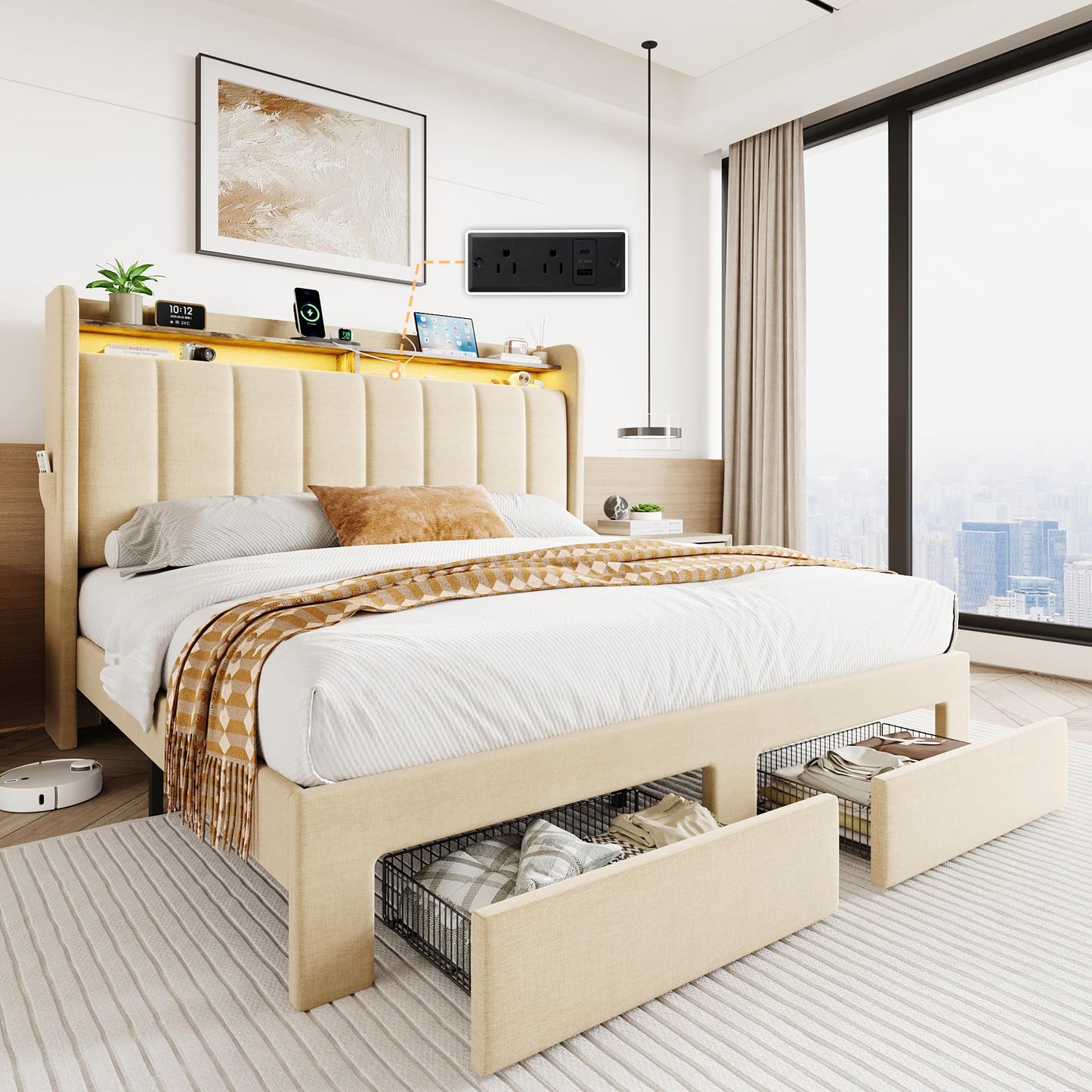 SHA CERLIN Full Size Platform Bed Frame with Vertical Channel Tufted Wingback Headboard & 2 Storage Drawers/2-Tier Shelves with LED Lights & Charging Station/Noise-Free/No Box Spring Needed/Beige