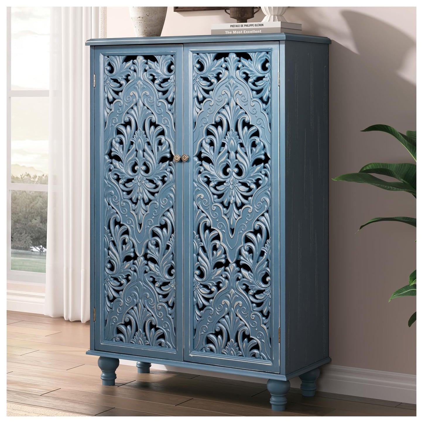 JOINICE 47" Tall Accent Cabinet with Carved Doors & Storage for Living Room,Blue Cabinet with Solid Wood Legs & 100lbs Capacity, Farmhouse/Rustic Style for Dining Room, Bedroom, Hallway, Home Office