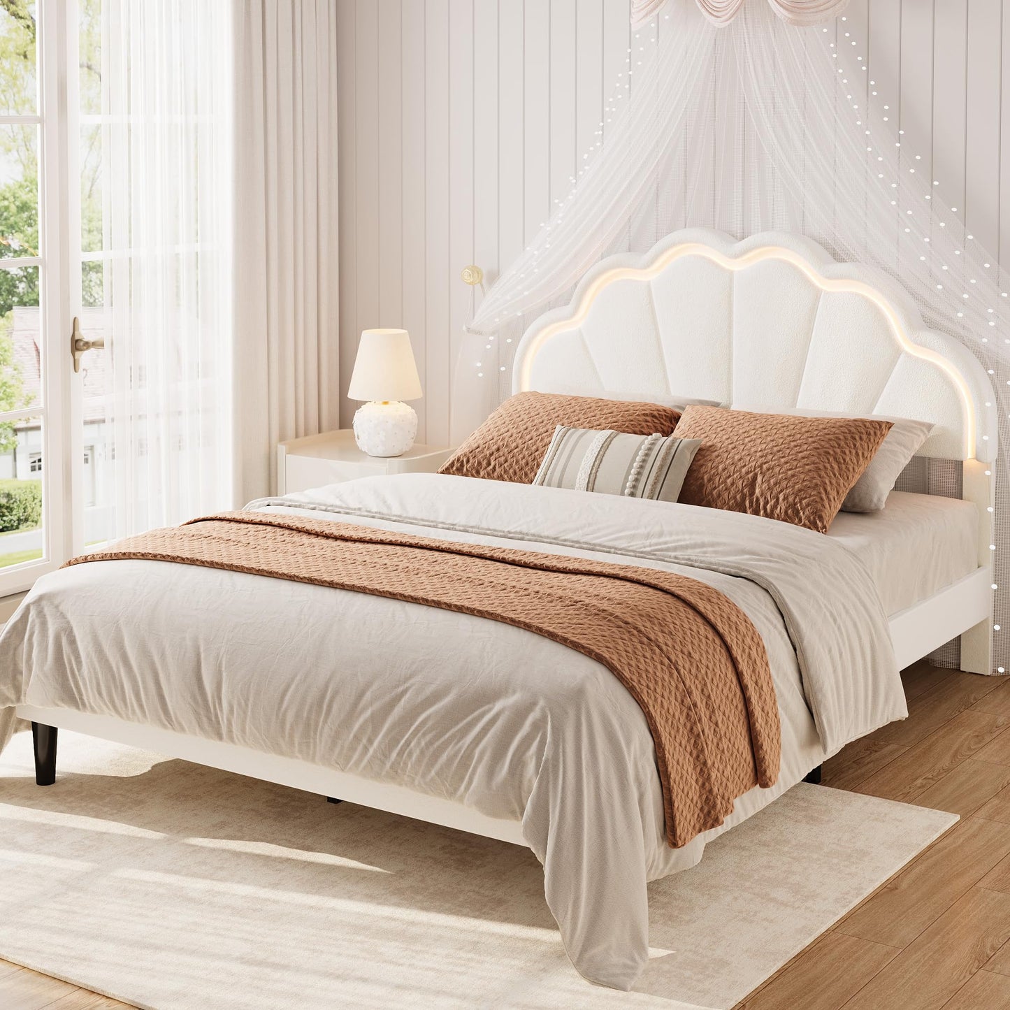 Garvee Queen Bed Frame, Velvet Platform Bed Frame with Adjustable Seashell Headboard and LED Light, Under Bed Storage, No Box Spring Needed, White
