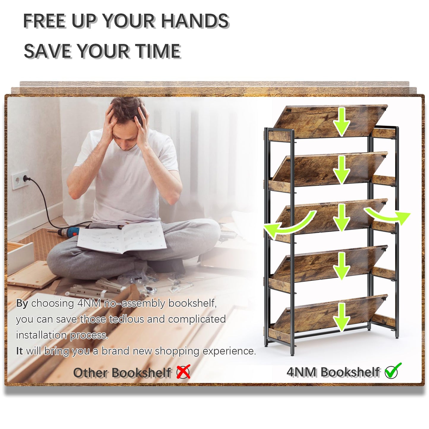 4NM Extra Wdie No Assembly Folding Bookshelf, 64.3" H x 30.9" W, 5 Tier Collapsible Book Shelf Bookcase Foldable Shelves for Bedroom Living Room Home Office - Rustic Brown & Black