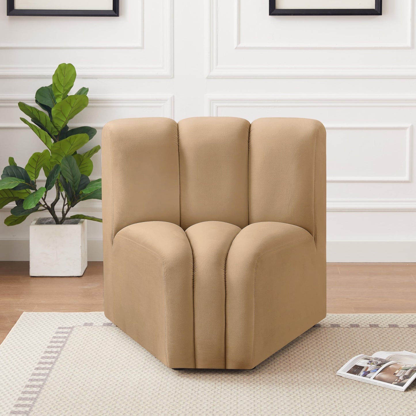 Meridian Furniture 103Camel-CC Arc Collection Modern | Contemporary Curved Corner with Soft Camel Velvet, Channel Tufting, Modular for Limitless Configurations, 33" W x 31" D x 30" H, Camel