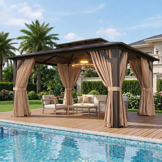 Aoxun 10'x12' Hardtop Gazebo, Aluminum Frame Permanent Pavilion with Curtains and Netting, Outdoor Polycarbonate Gazebo, Double Roof Canopy, for Gardens, Patios, Lawns
