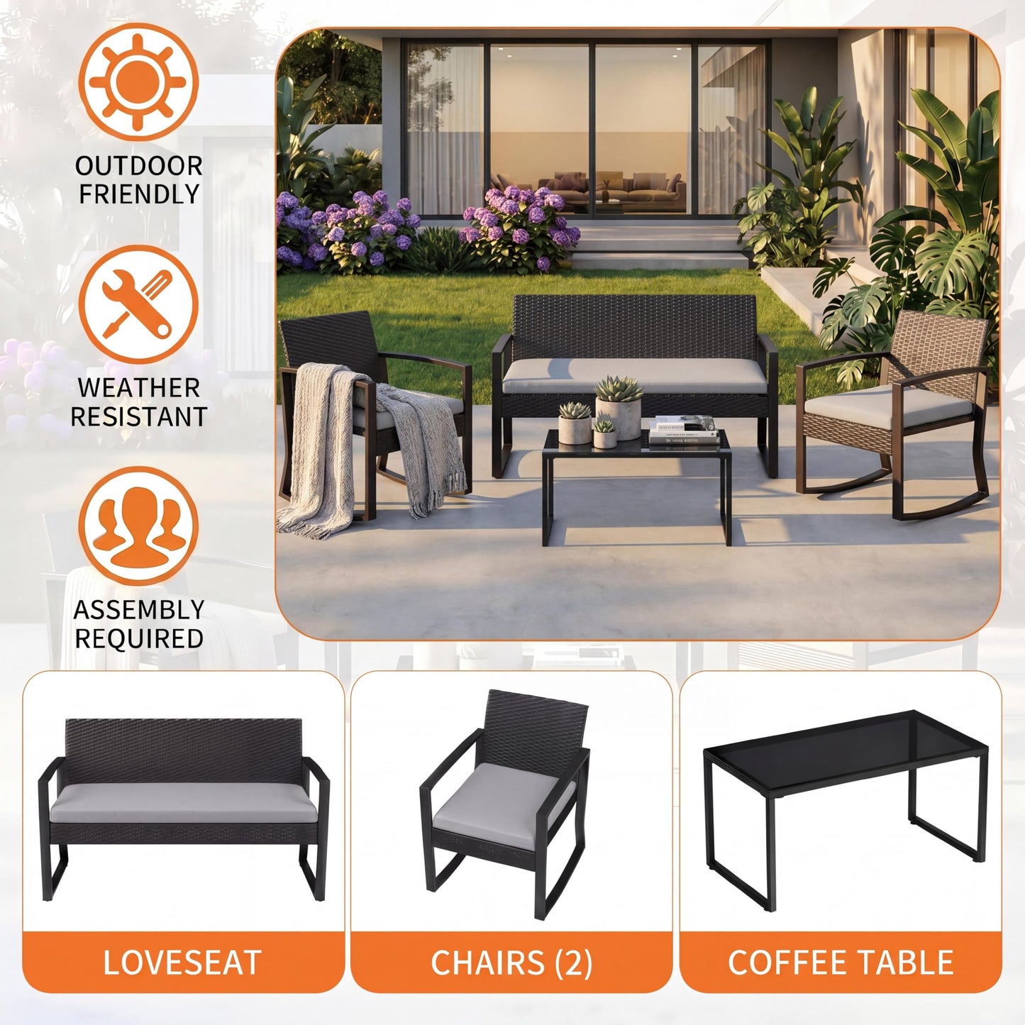 Garvee 4 Piece Patio Furniture Set, PE Rattan Outdoor Rocking Chair Conversation Set with Coffee Table, Outdoor Wicker Patio Table and Chairs Set for Patio, Porch, Backyard, Grey