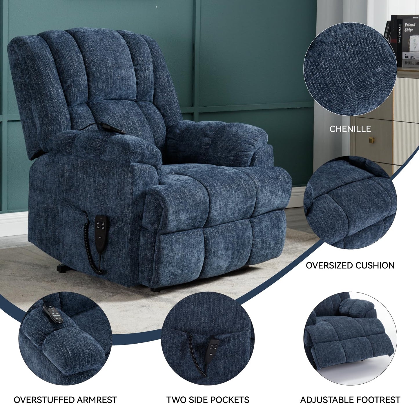 KEIKI Oversized Dual Motor Power Lift Recliner Chair for Elderly, Chenille Upholstery Breathable Rocking Chair with Back Massager and Heated, Living Room Lounge and Family Home Comfort, Blue