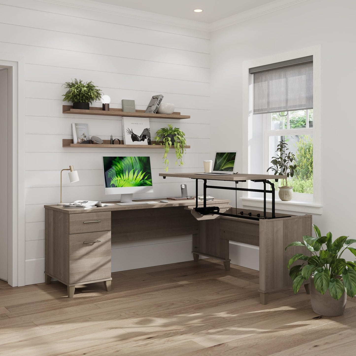 Bush Furniture Somerset 72W 3 Position Sit to Stand L Shaped Desk in Ash Gray