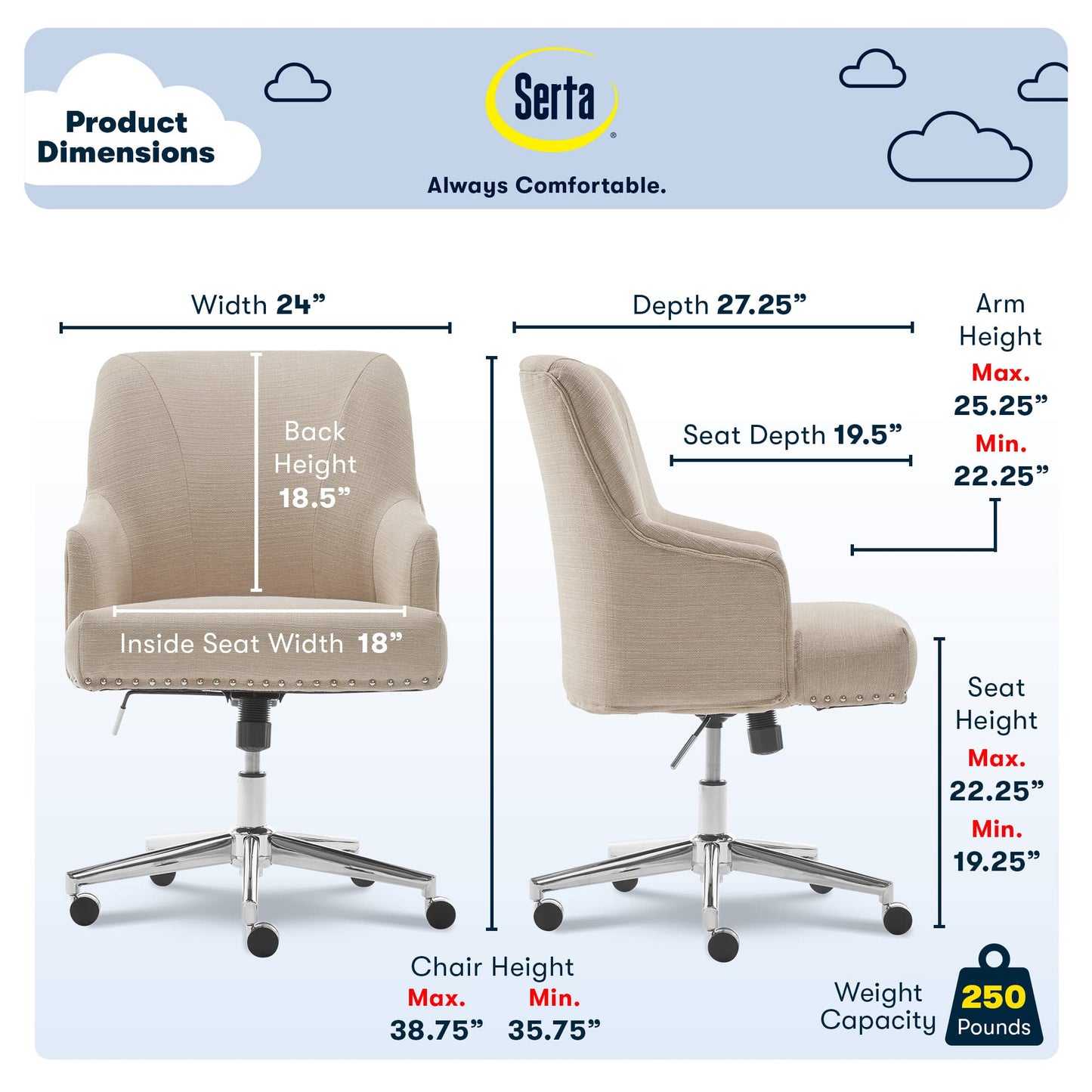Serta Leighton Home Office Desk Chair, Mid-Back with Chrome Nailheads, Memory Foam Cushion and Padded Arms, Modern Makeup Vanity Armchair with Wheels, Swivel Base, Twill Fabric, Stoneware Beige