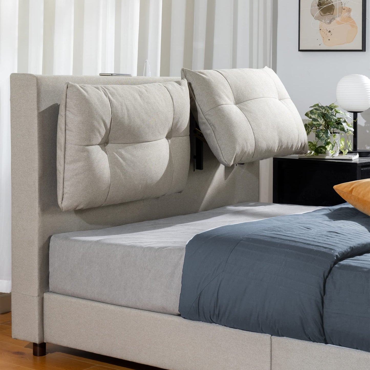 ZINUS Avery Platform Bed with Reclining Headboard and USB Ports, No Box Spring Needed, Cushioned Adjustable Headboard with Customizable Height, Easy Assembly, Beige, Queen