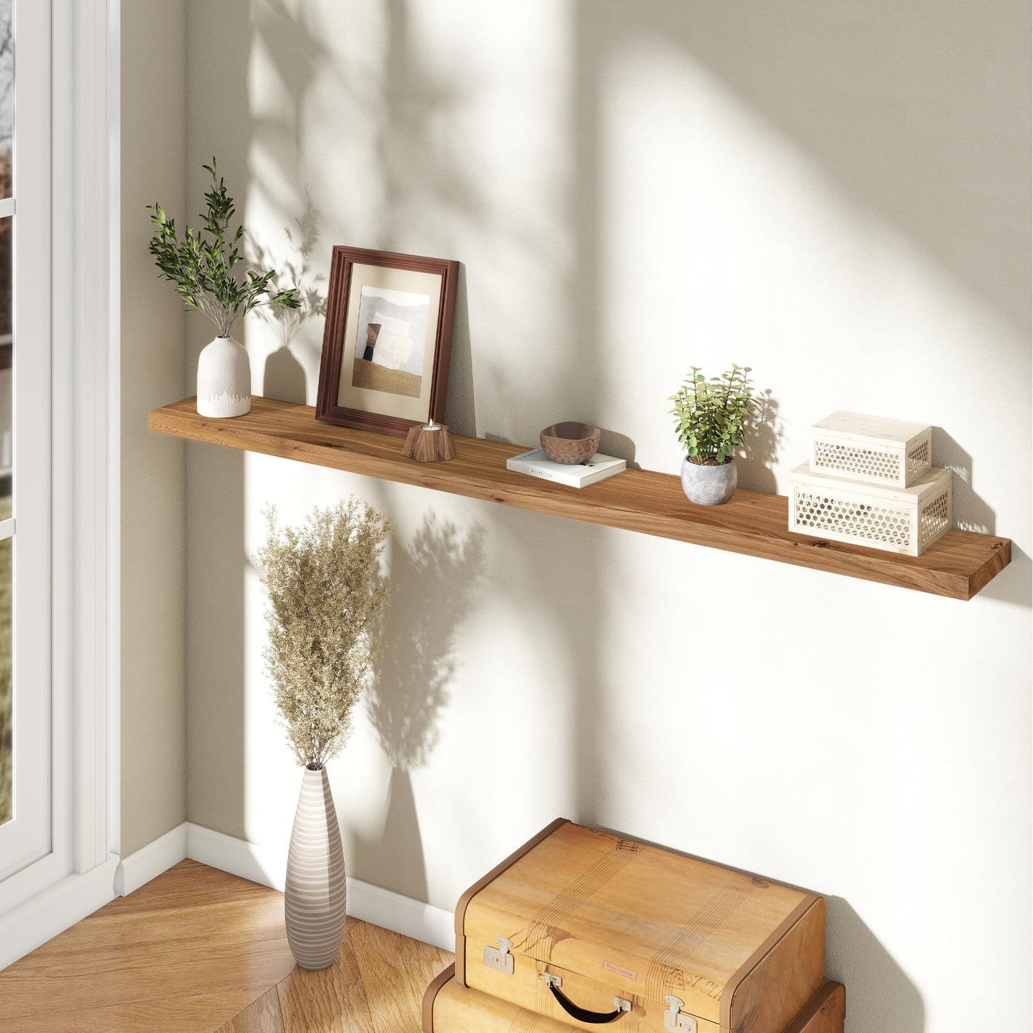 72 Inch Floating Shelves for Wall 1 Pack Shelves for Bedroom, Bathroom, Kitchen, Wall Mounted Rustic Solid Elm Wood Floating Shelf with Invisible Bracket for Books, Decor, Storage, Natural