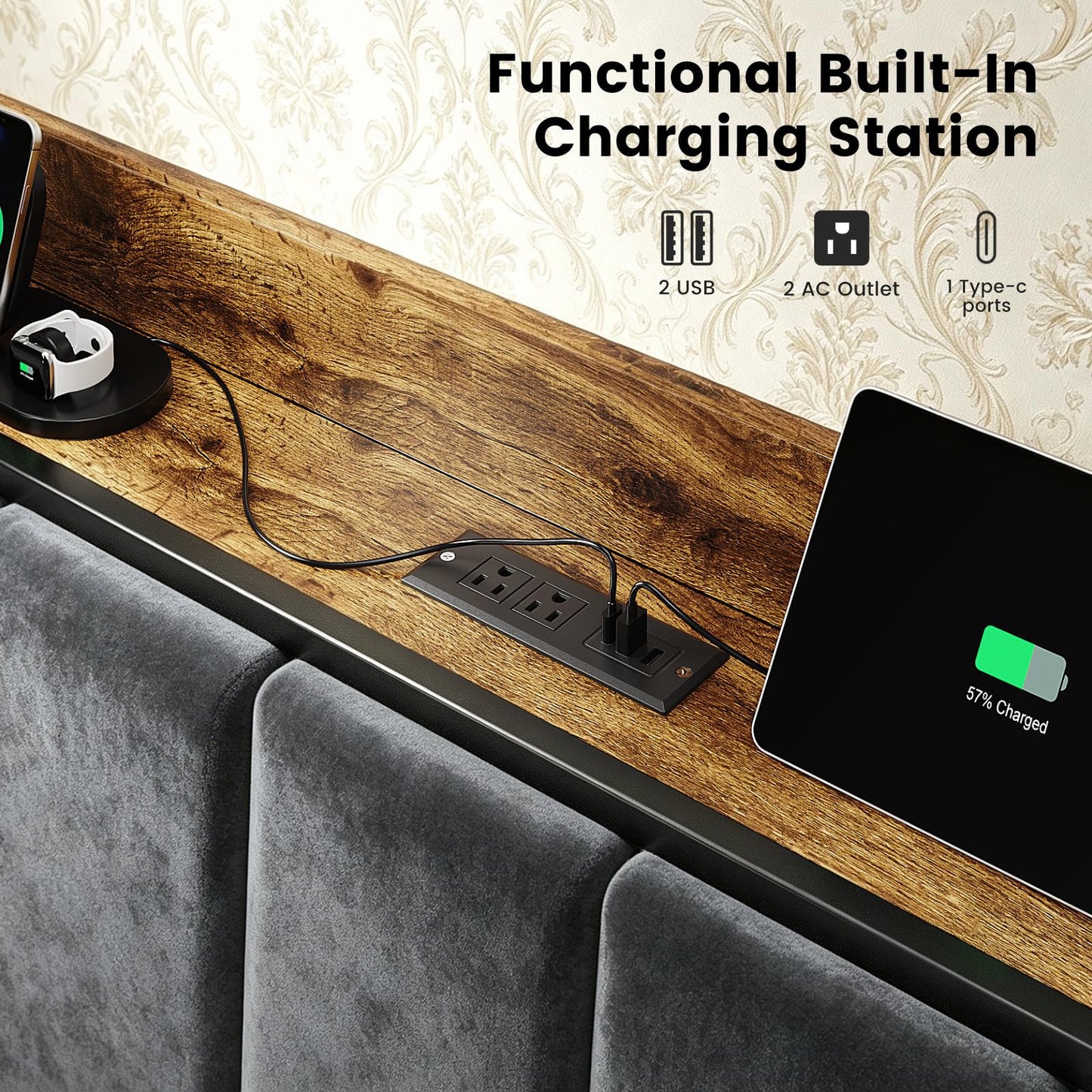 King Size Bed Frame with LED Lights and Charging Station, King Bed Frame with Storage Headboard, Metal Platform Bed with Wood Headboard, Noise Free, No Box Spring Needed, Easy Assembly