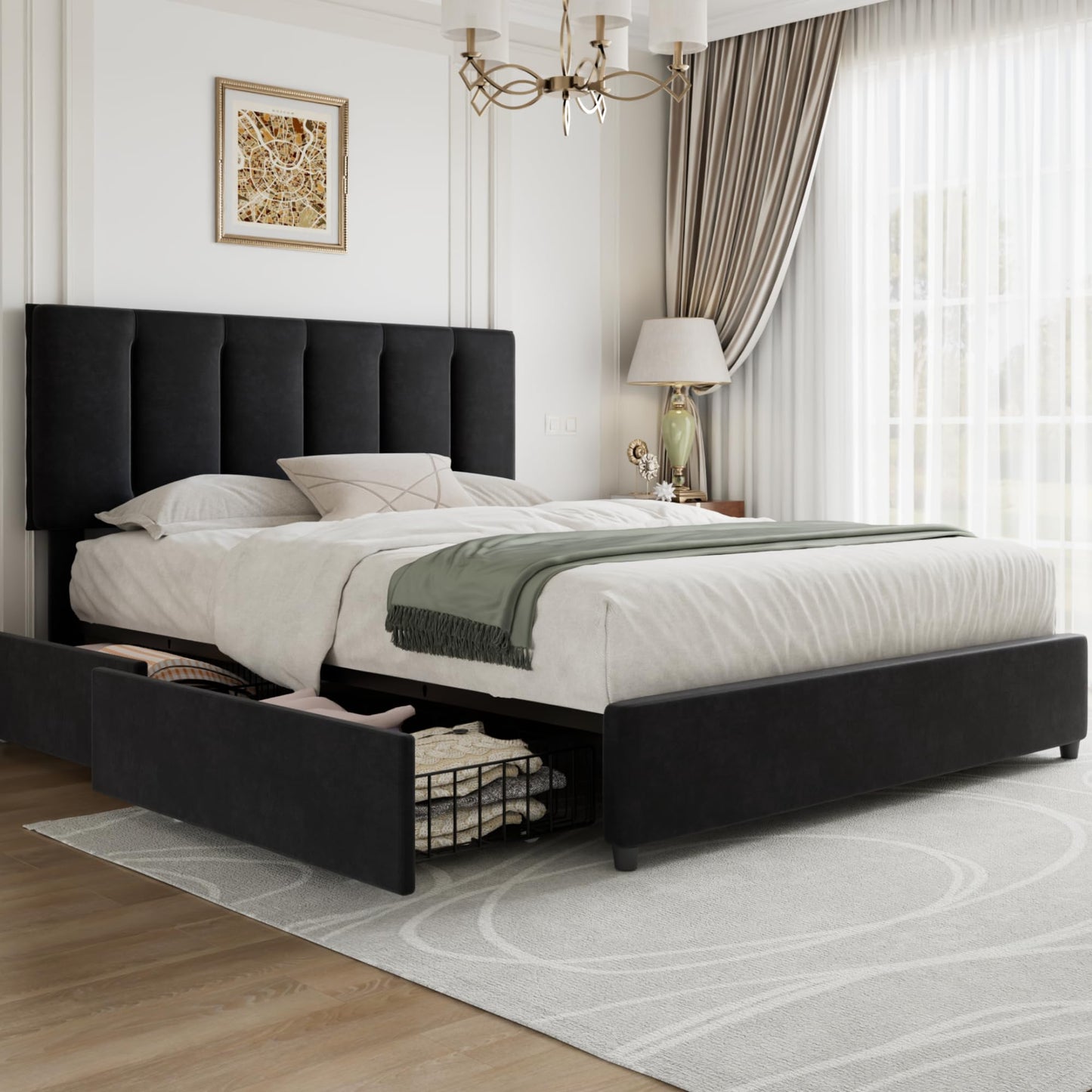 VECELO Full Size Bed Frame with 4 Storage Drawers, Adjustable Height Headboard, Heavy-Duty Platform Bedframe with Strong Wooden Slats, No Box Spring Needed, Black