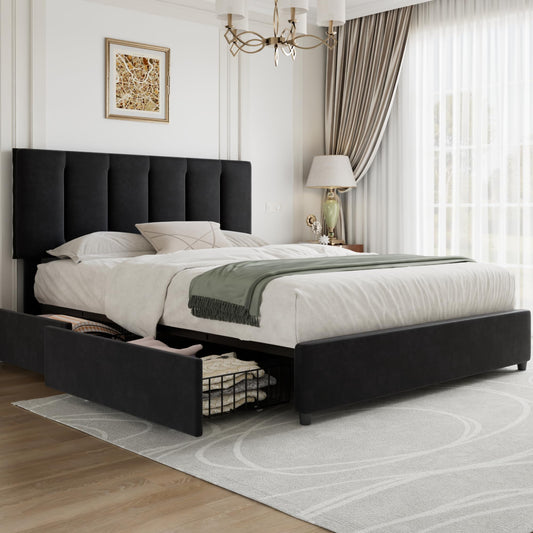 VECELO Full Size Bed Frame with 4 Storage Drawers, Adjustable Height Headboard, Heavy-Duty Platform Bedframe with Strong Wooden Slats, No Box Spring Needed, Black