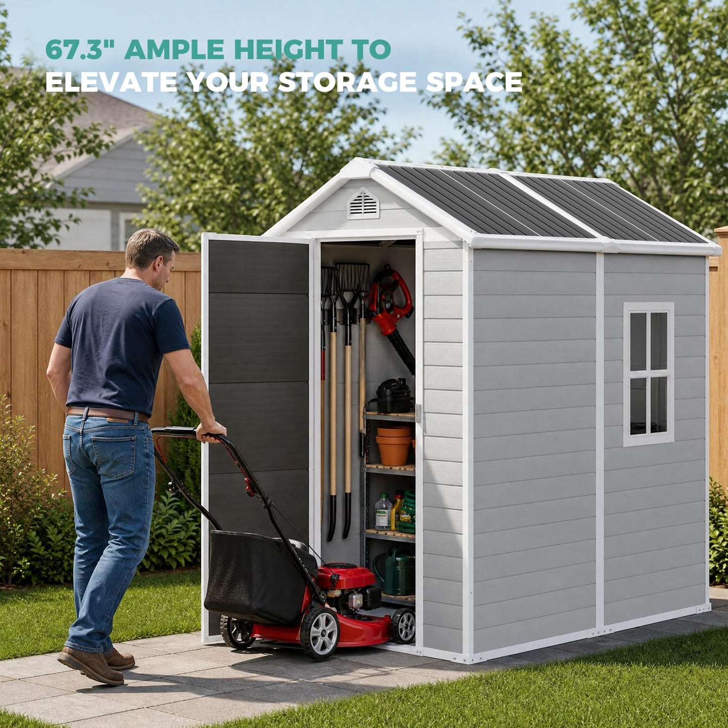 SENYUN 6x4 FT Resin Storage Shed with Floor, Lockable Doors and Window, Outdoor Garden Shed for Backyard, Patio, Lawn, Plastic Shed for Bike, Tools, Grey
