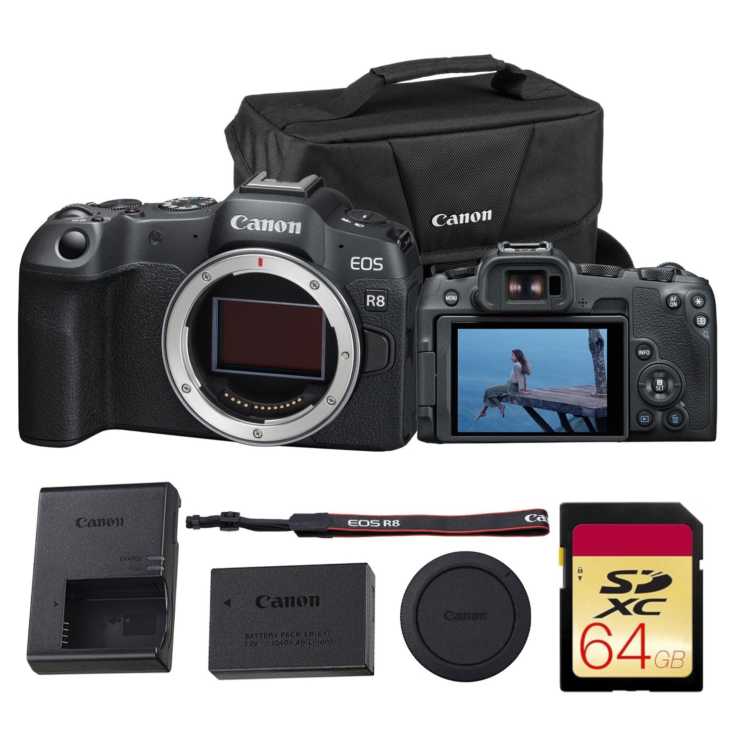 Canon EOS R8 Full-Frame Mirrorless Camera – 24.2MP, 4K60p Video, Dual Pixel AF II, Wi-Fi, Lightweight Body – Body Only (5803C002) + 64GB Memory Card + Canon Shoulder Bag