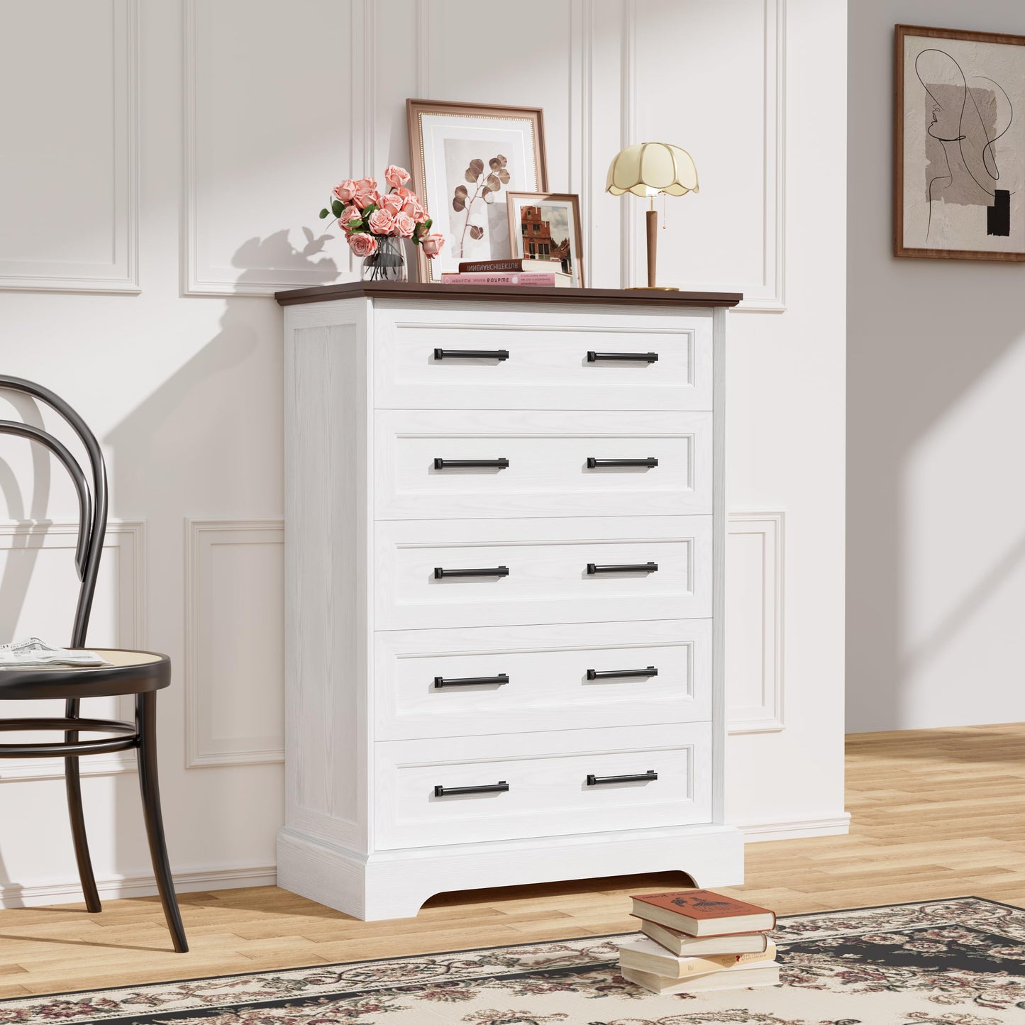 YESHOMY Tall Dresser for Bedroom,Farmhouse 5 Drawers Dresser, Chest of Drawer Chest, Multi-Tier Clothing Storage Cabinet, White and Brown