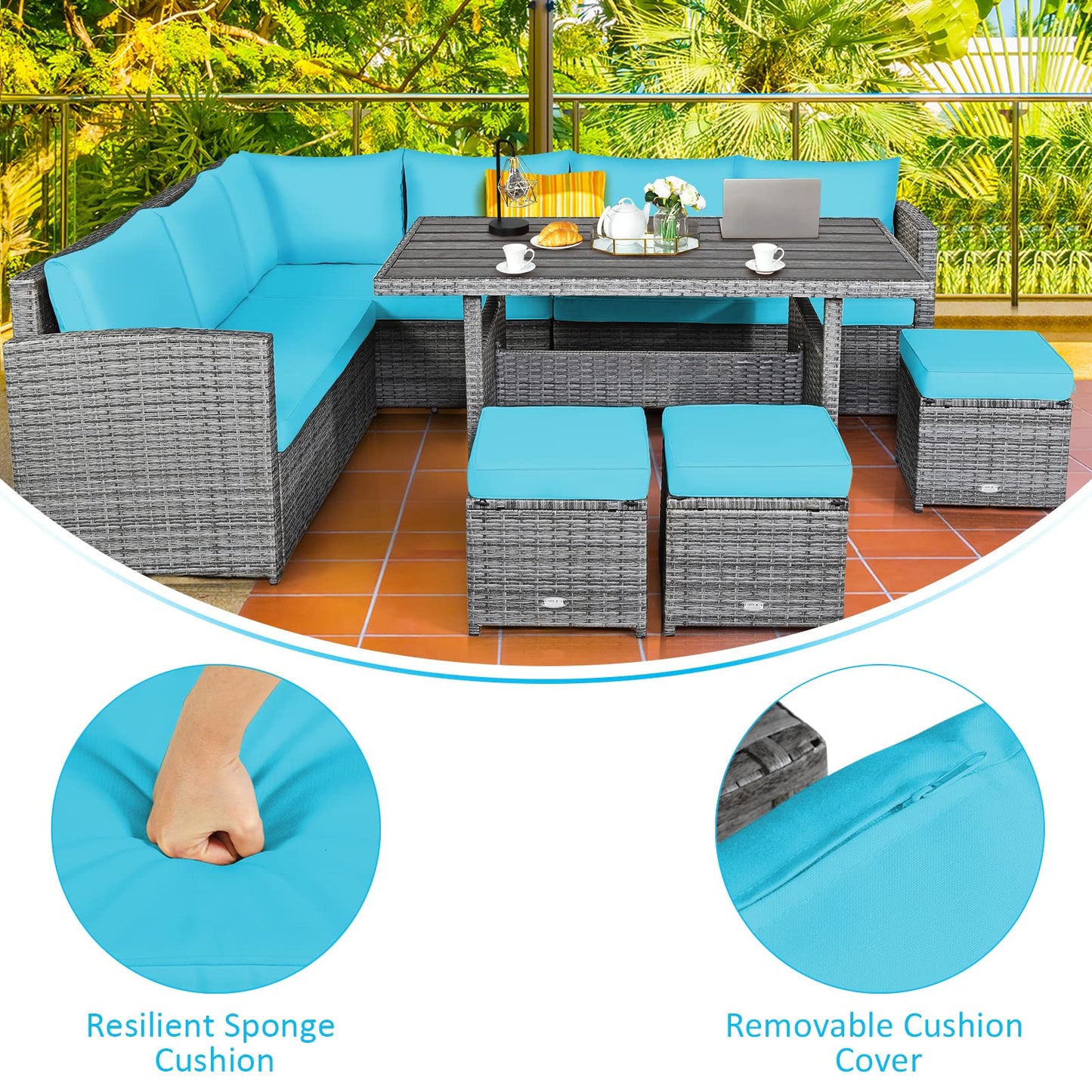 Tangkula 7 Pieces Patio Furniture Set, Outdoor Sectional Rattan Dining Sofa Set with Cushions, All Weather Wicker Conversation Couch Set with Dining Table & Ottomans for Yard Garden Poolside
