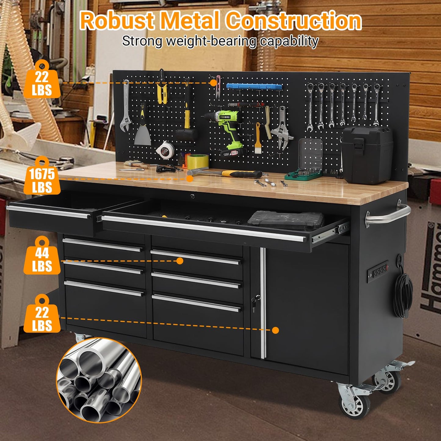 GAOMON 61-inch Rolling Tool Chest, 10 Drawers Garage Workbench Storage Tool Cabinet with Power Strip, Solid Rubber Wood Top, 1675 LBS Load Mobile Workstation, Heavy Duty Rolling Cabinet