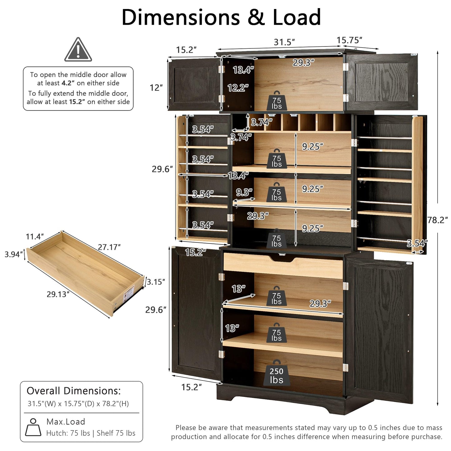 Merax 78.2" Tall Kitchen Pantry Storage Cabinet, Farmhouse Freestanding Large Cupboard with Hidden Drawer, Cabinet, 4 Adjustable Shelves, 8 Door-Shelf & 7 Wine Rack for Dining Room, Ash Black