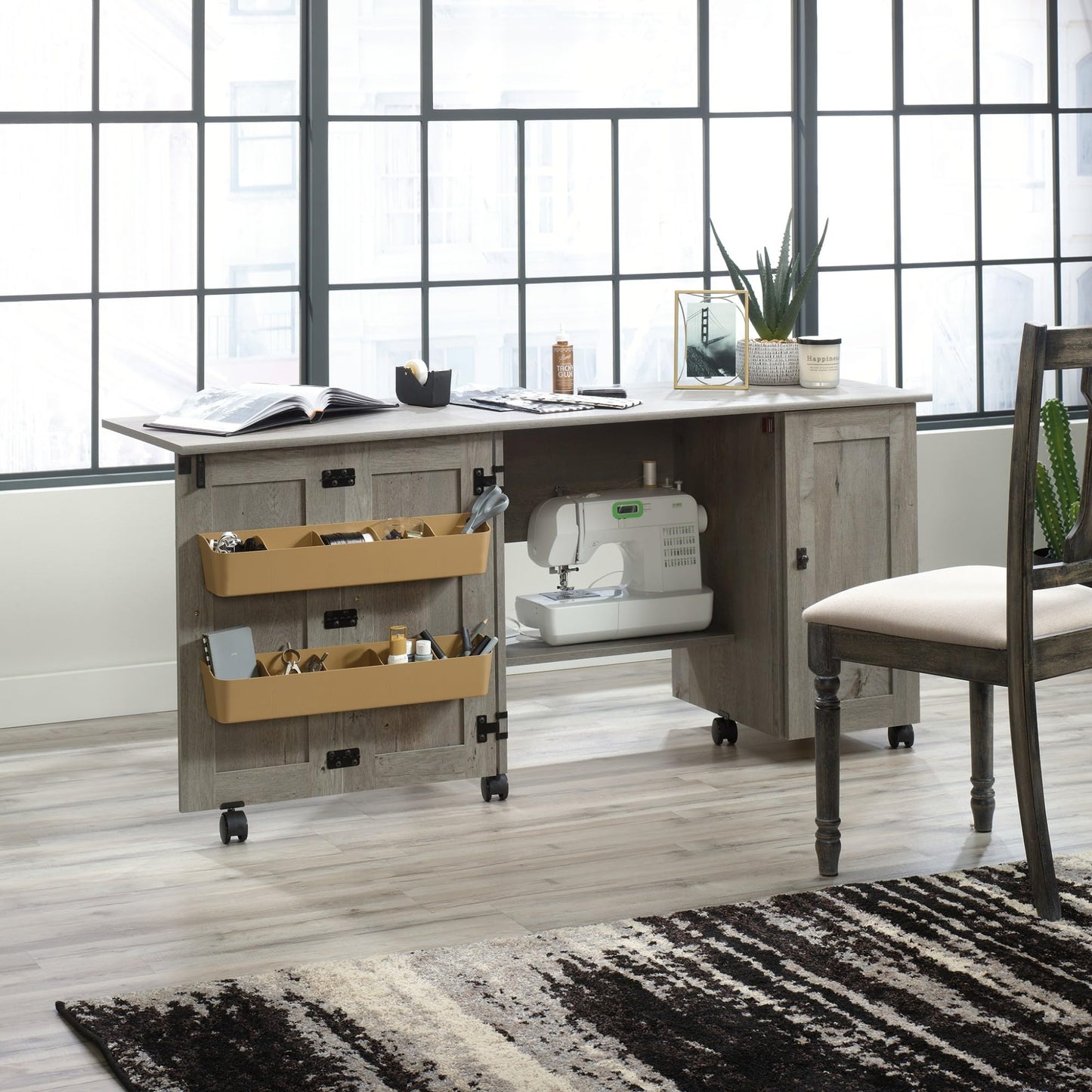 Sauder Craft Cart Storage Cabinet, Rolling Sewing Table with Expandable Top, Mystic Oak