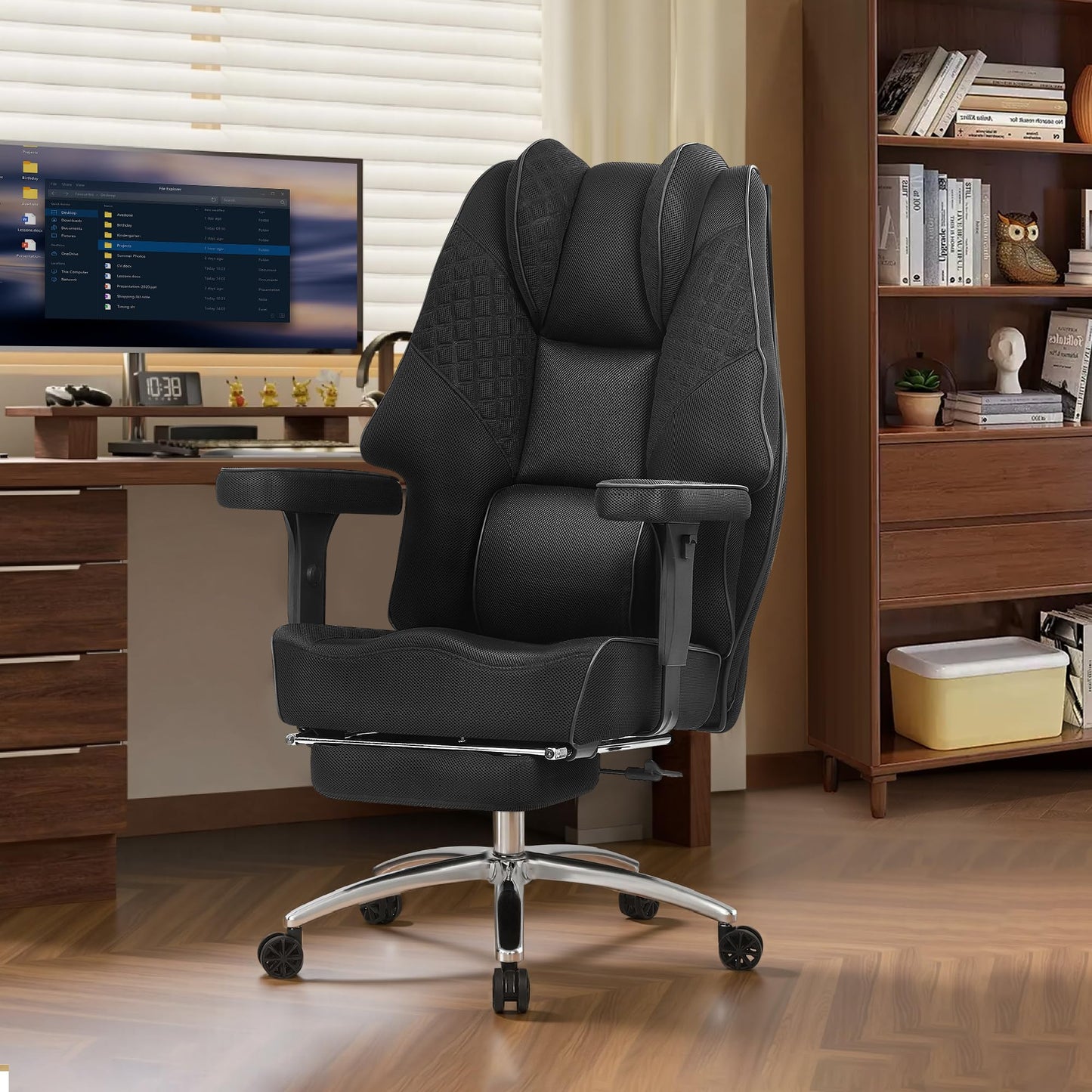 VECELO Big and Tall Office Chair 400lbs, Mesh High Back Computer Chair with Foot Rest, Ergonomic Desk Chair with Lumbar Support and Armrest, Black