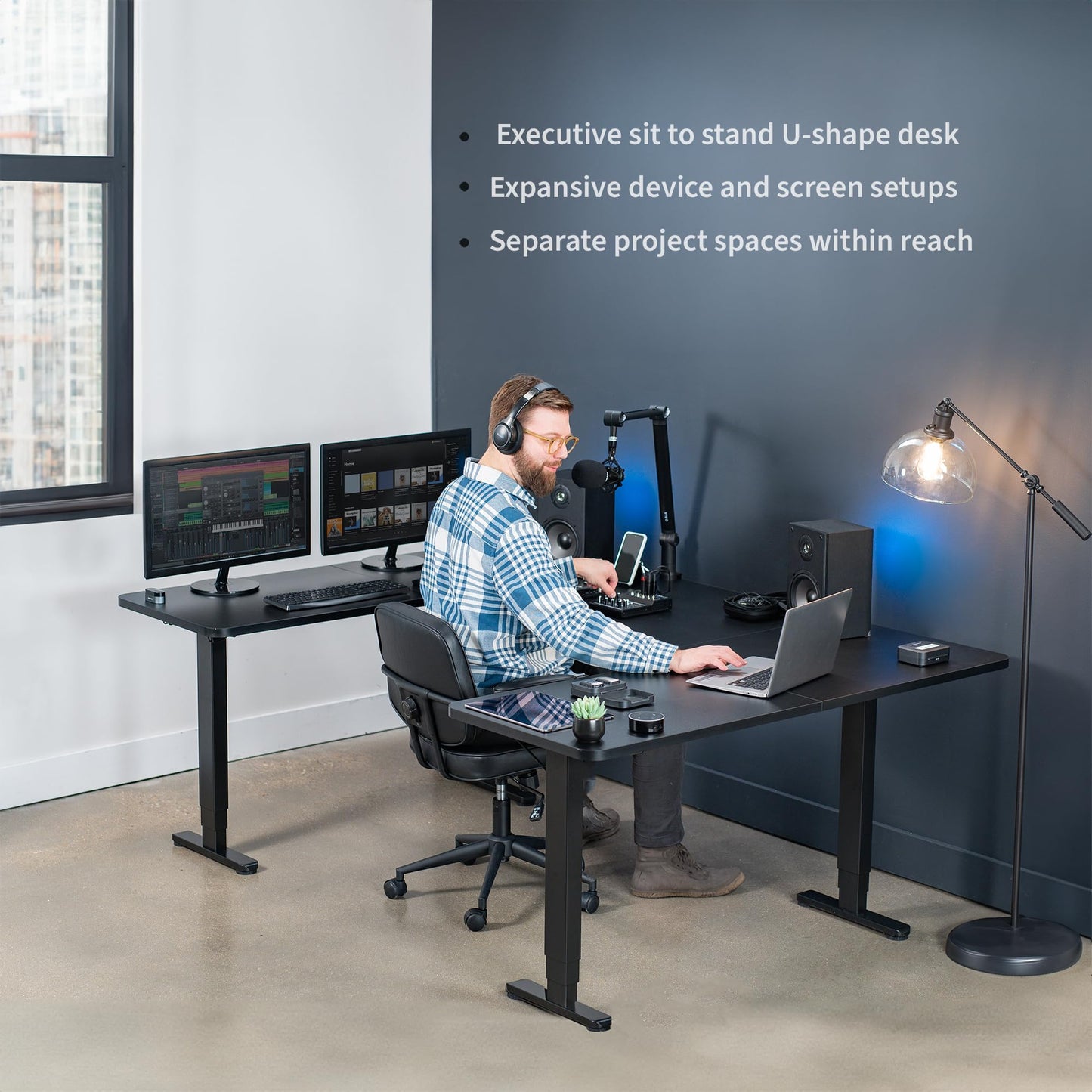 VIVO Large U-Shaped 83 x 60 in Electric Standing Desk, Memory Height Adjustment, Black Top Black Frame, DESK-E4UBB